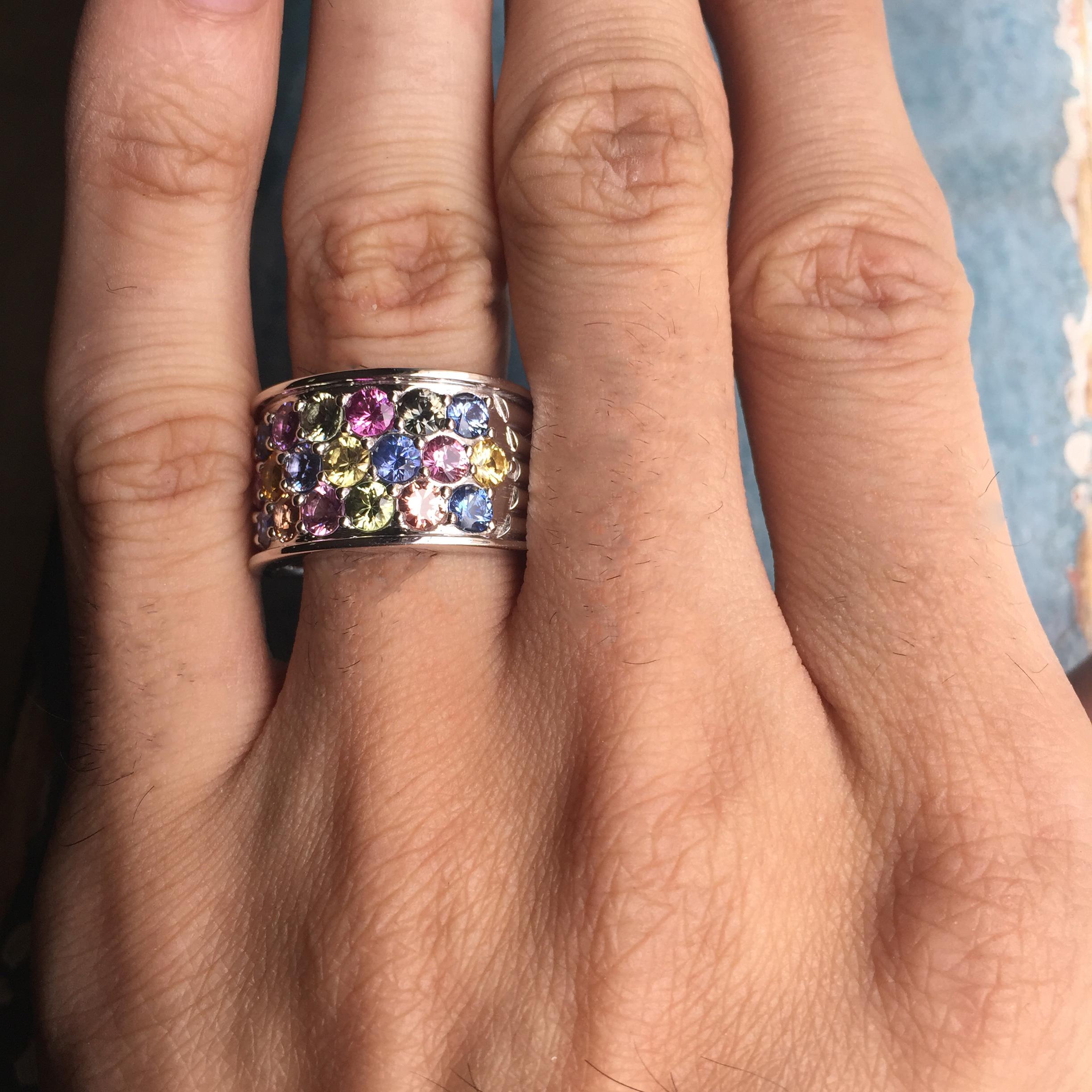 Women's 4.76 Carat Multi Vivid Color Sapphire Thick Band Ring, Ben Dannie For Sale