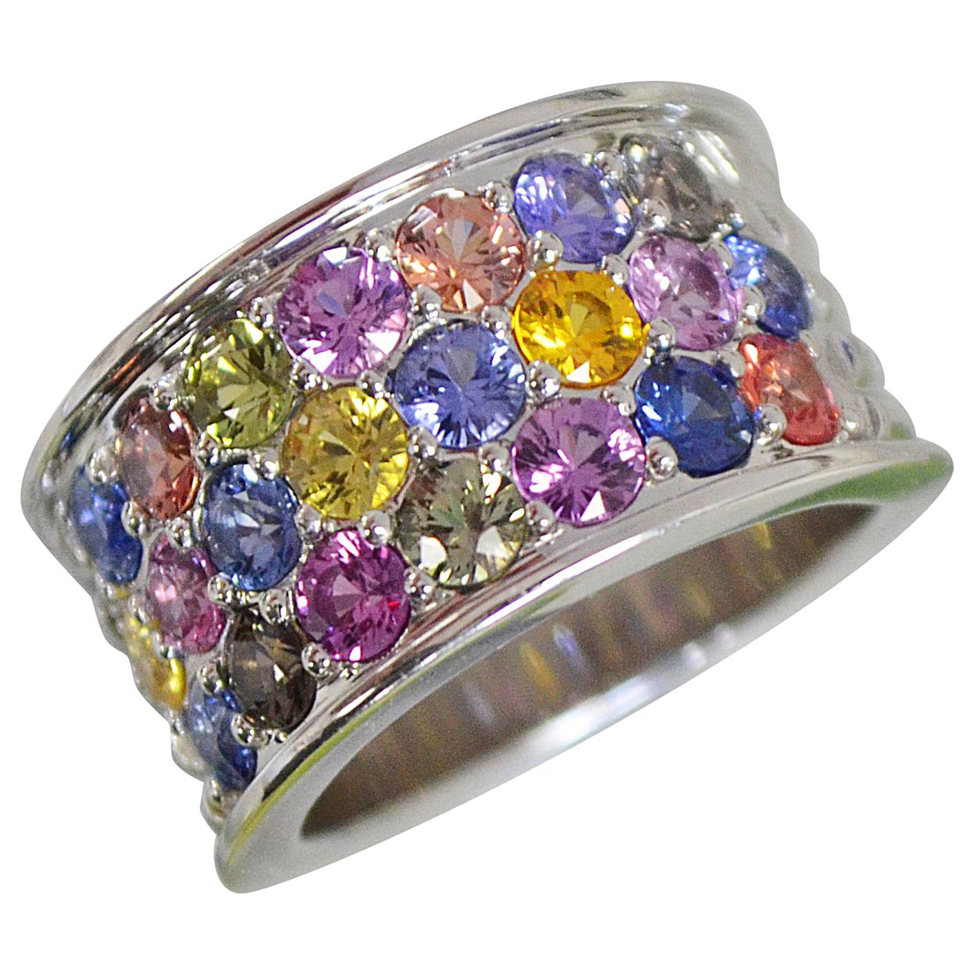 4.76 Carat Multi Vivid Color Sapphire Thick Band Ring, Ben Dannie For Sale