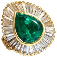 4.76 Carat Natural Vivid Green Emerald Diamonds Pear Ballerina Ring Cocktail