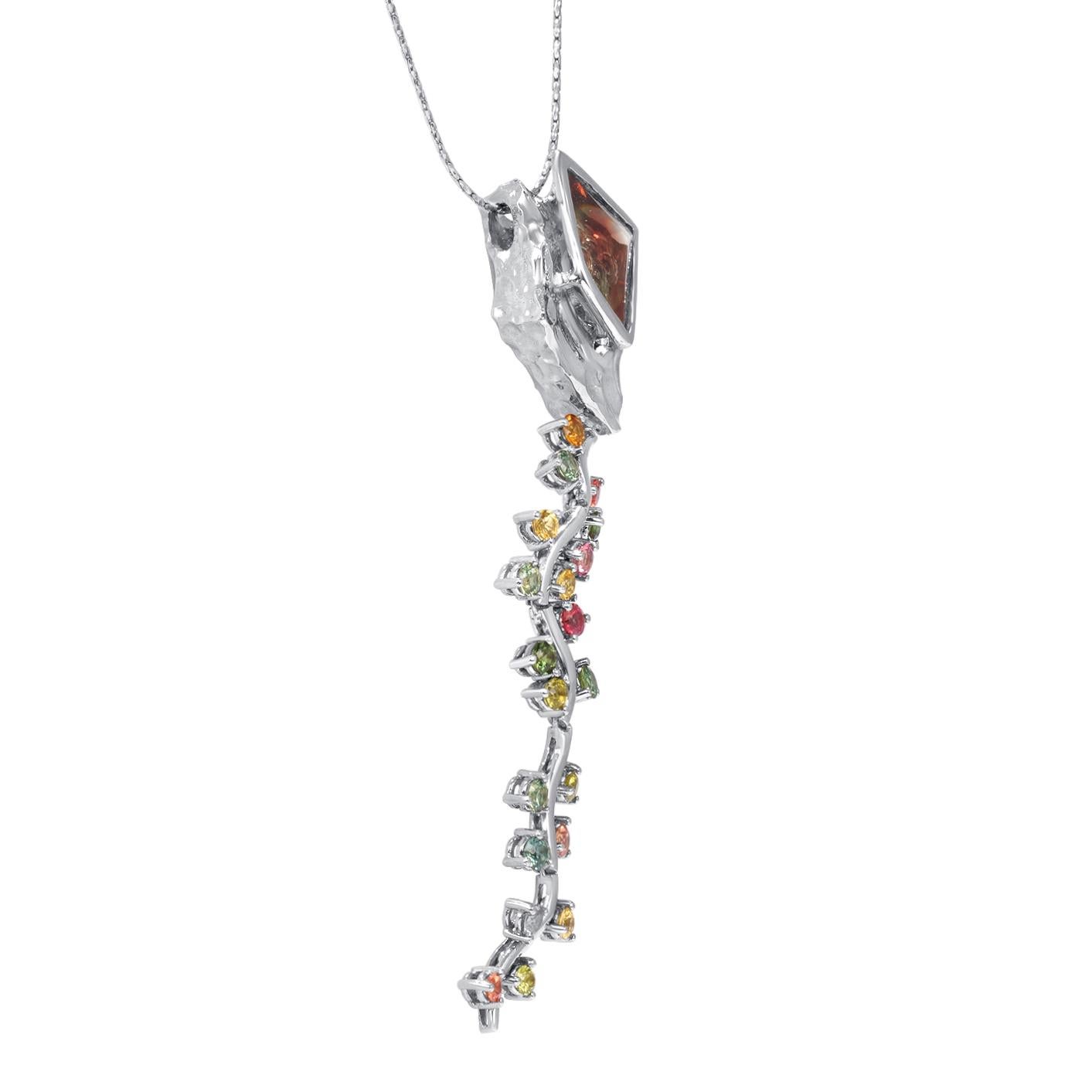 Modern 4.76 Carat Oregon Sunstone, Sapphire, and Palladium Pendant Necklace, in Stock For Sale