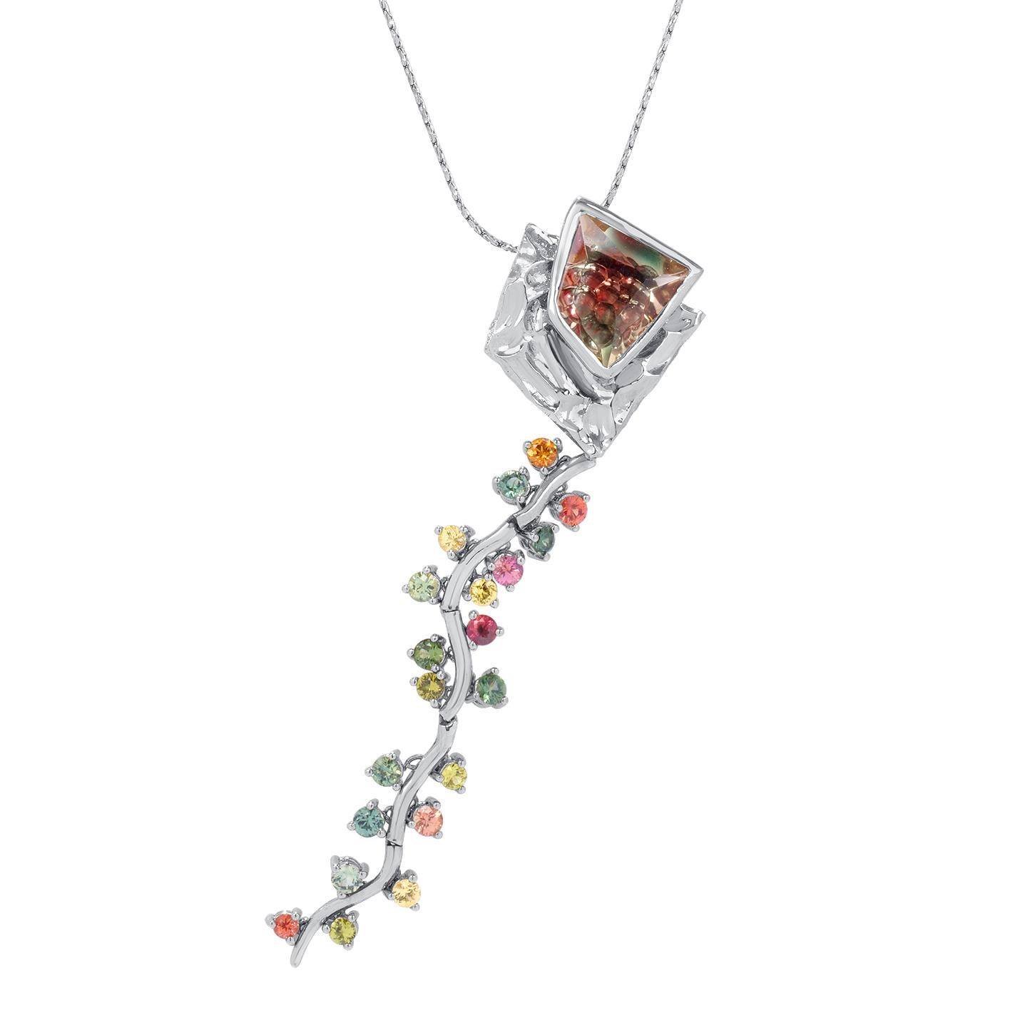 4.76 Carat Oregon Sunstone, Sapphire, and Palladium Pendant Necklace, in Stock For Sale