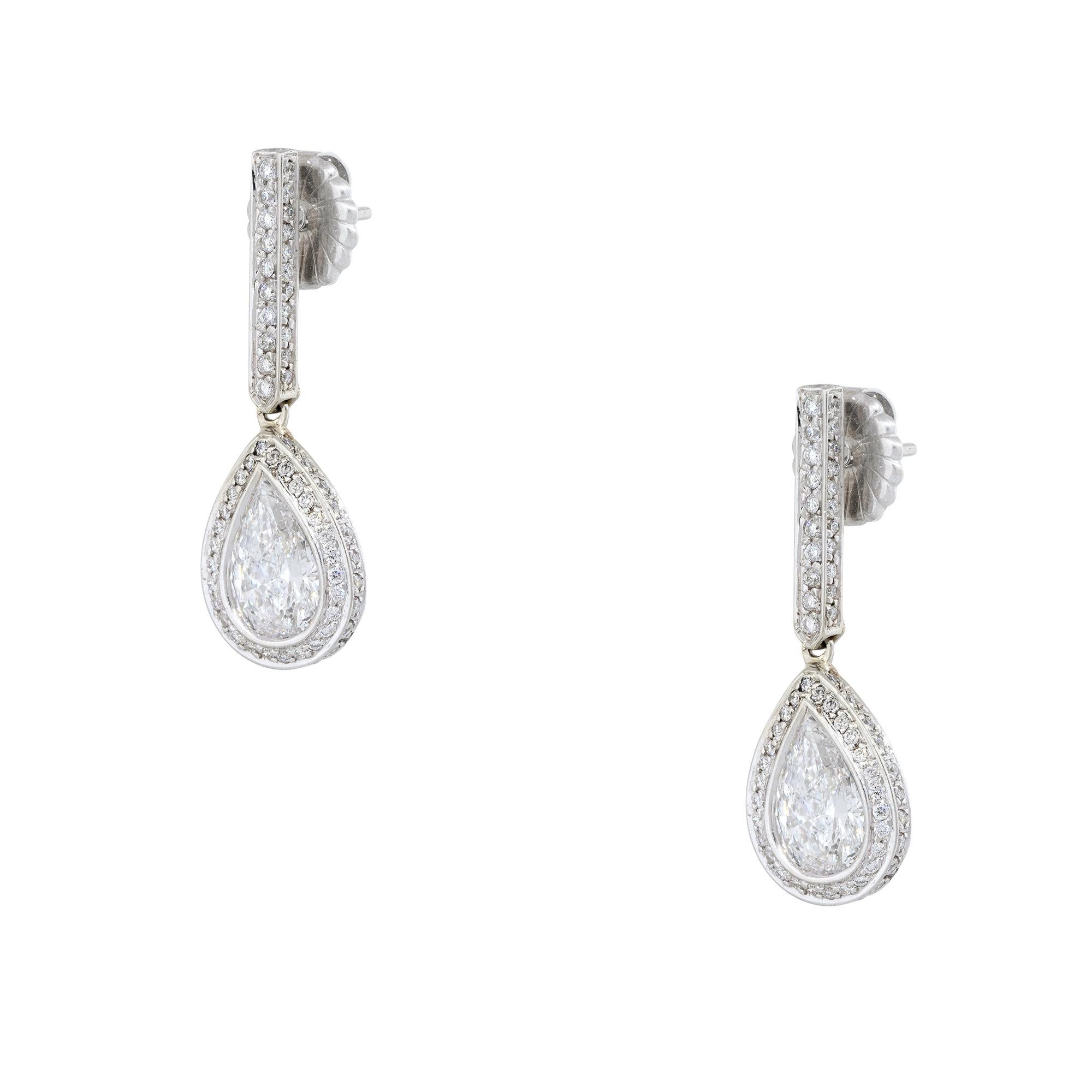 Round Cut 4.76 carat Pear Shape Halo Drop Earrings 18 Karat In Stock For Sale