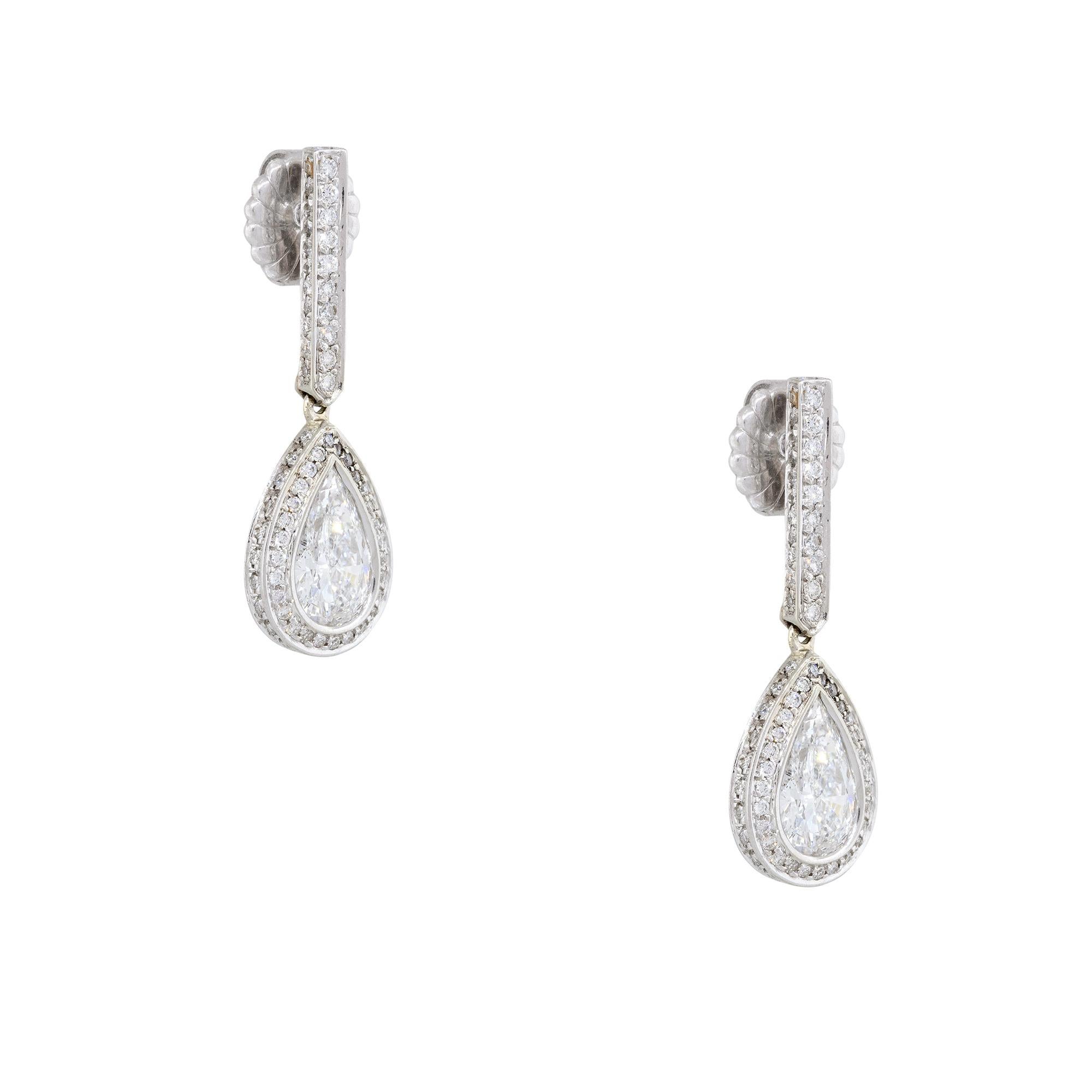 Natural Pear Shape Diamond Halo 18 Karat Drop Earrings In Stock In Excellent Condition For Sale In Boca Raton, FL