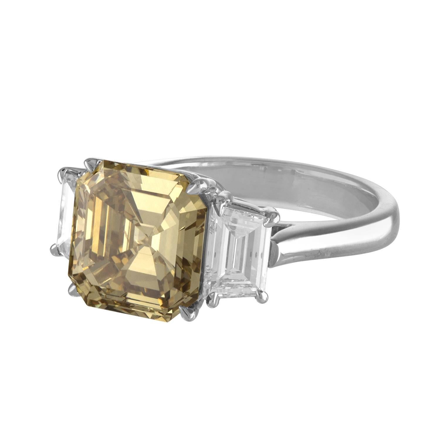 Contemporary 4.76 Carat Square Emerald Cut, GIA Certified, Set in Three-Stone Two-Tone Ring