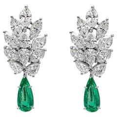 4.76 Carats Total Dangling Pear Shape Green Emerald and Diamond Dangle Earrings