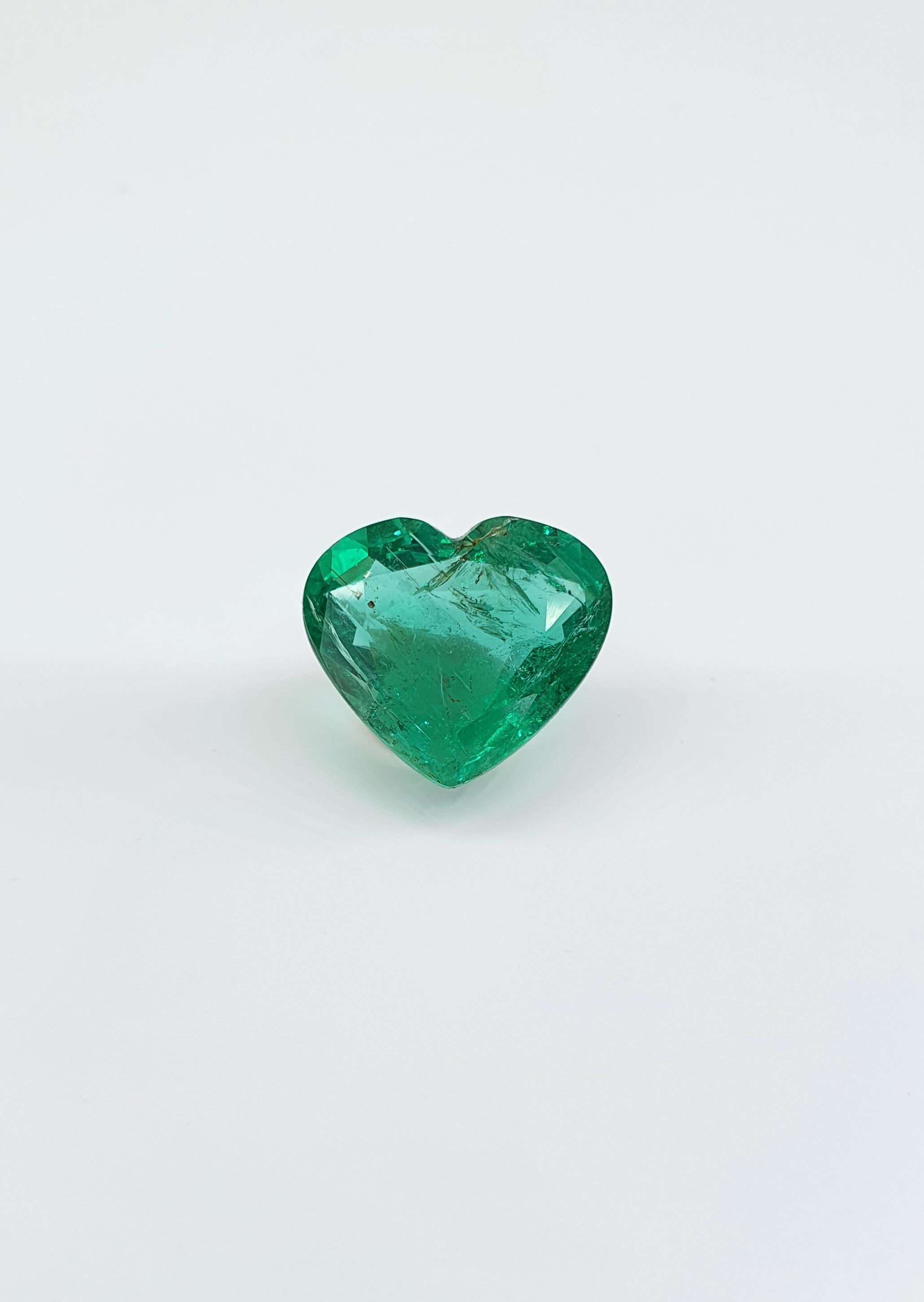 Stunning Heart Shape Zambian Emerald 
4.76 ct
Minor natural oil enhancement.
Stone contains natural micro chinks, which is common for natural emeralds.
 Any jewellery item can be produced by your order. Pendant, ring or brooch. 