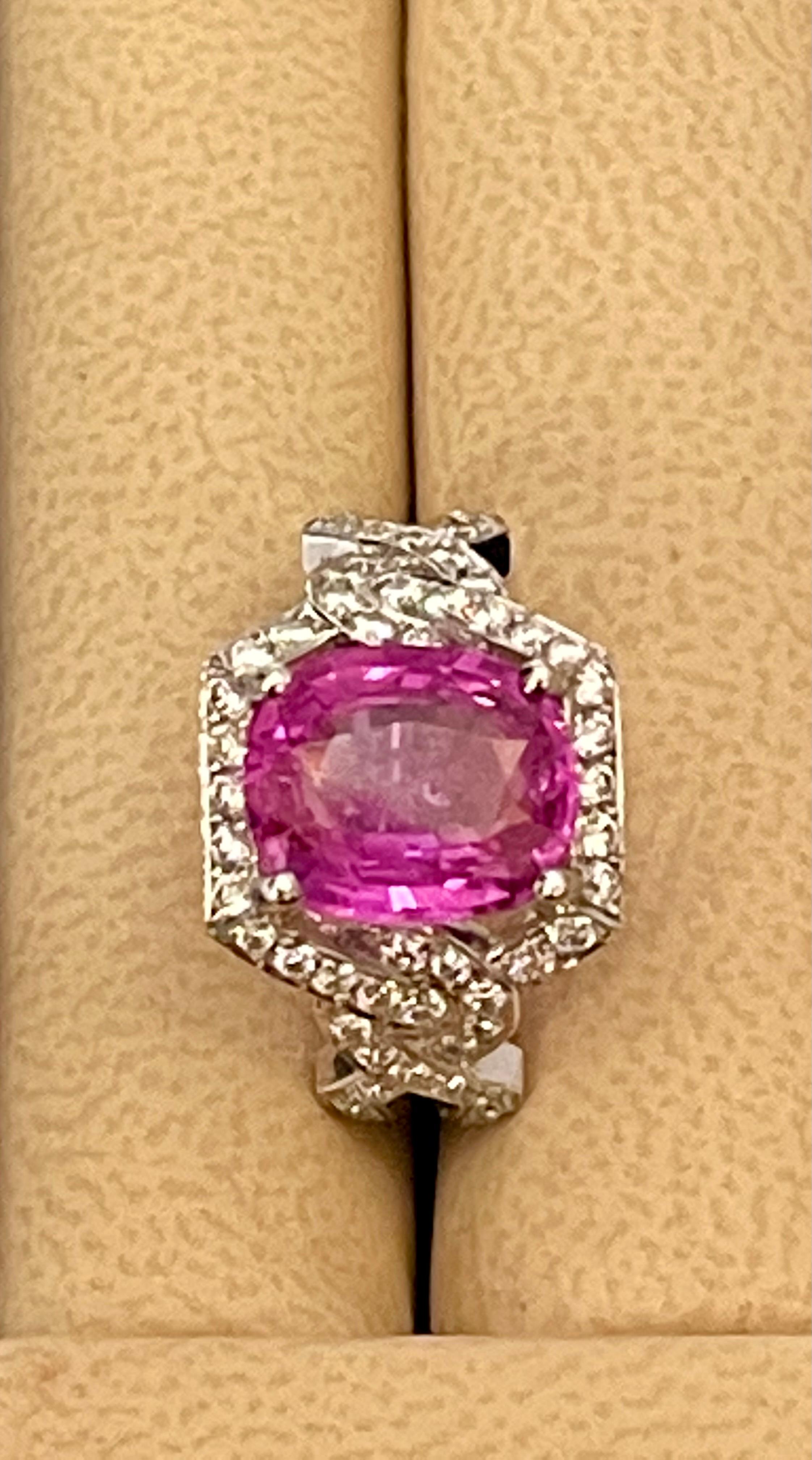 4.76 Ct Pink Cushion Sapphire & 1.2 Ct Diamond 18 Karat White Gold Ring, Estate For Sale 5