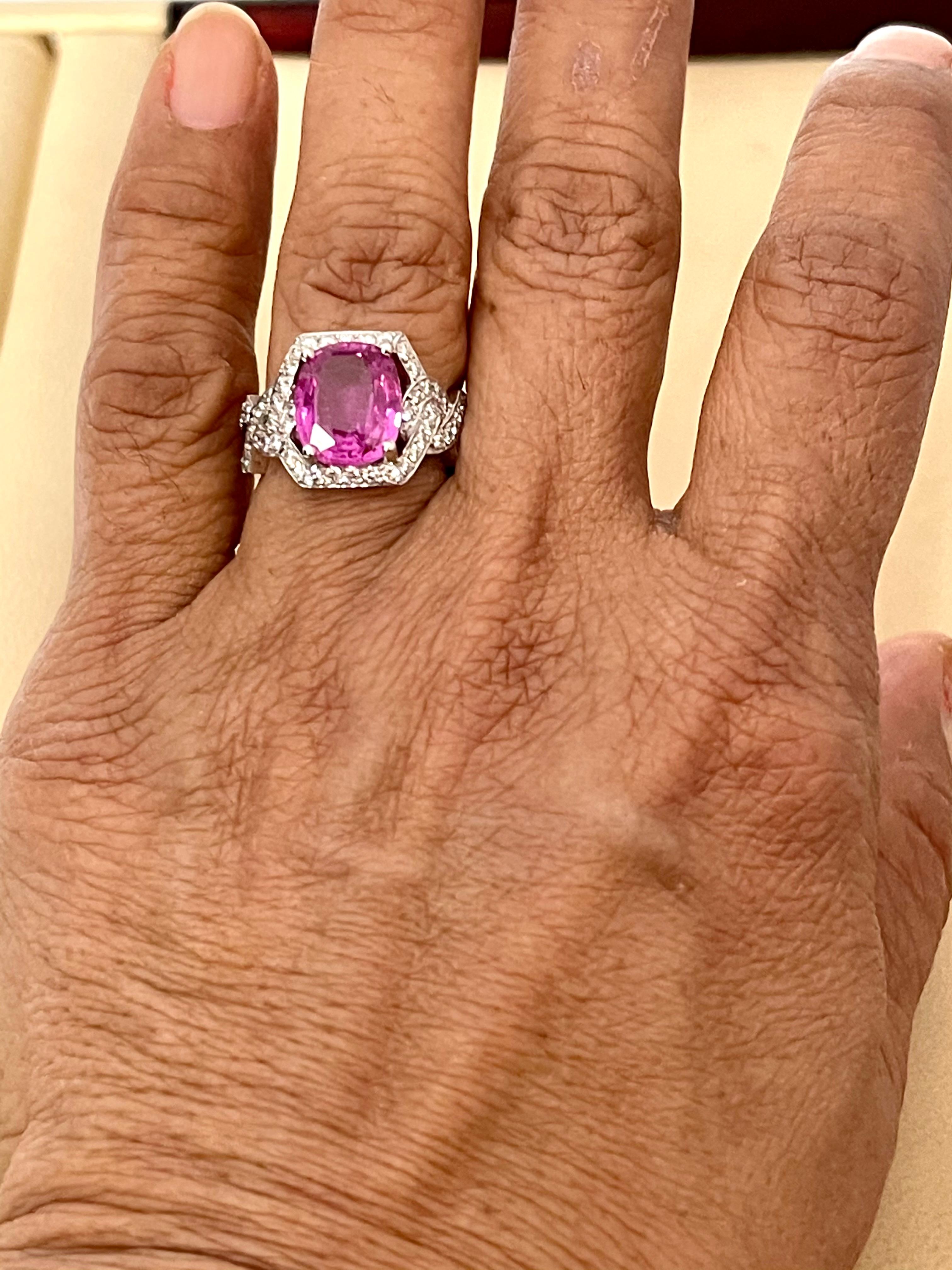 4.76 Ct Pink Cushion Sapphire & 1.2 Ct Diamond 18 Karat White Gold Ring, Estate For Sale 6