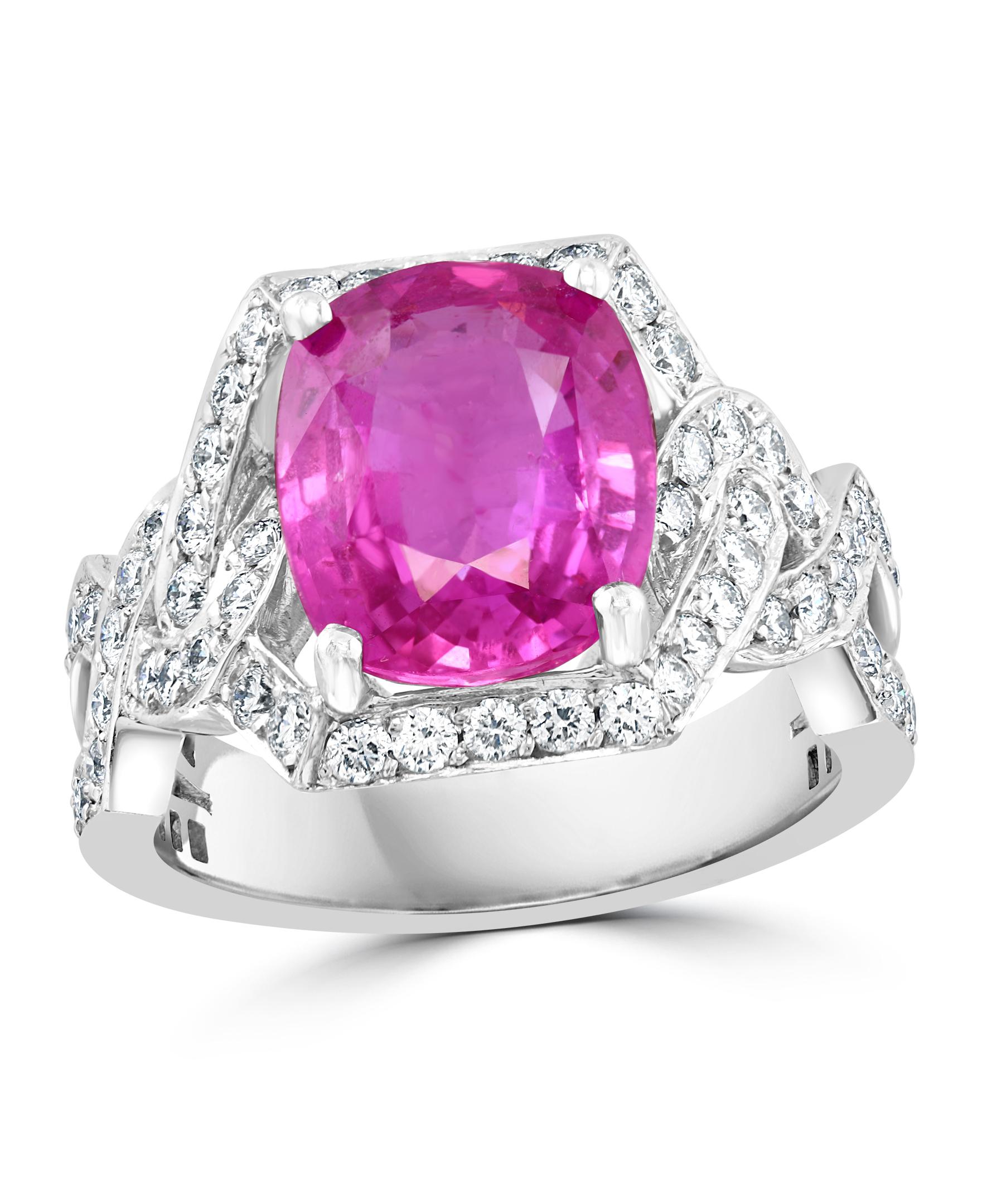 4.76 Ct Pink Cushion Sapphire & 1.2 Ct Diamond 18 Karat White Gold Ring, Estate For Sale 7