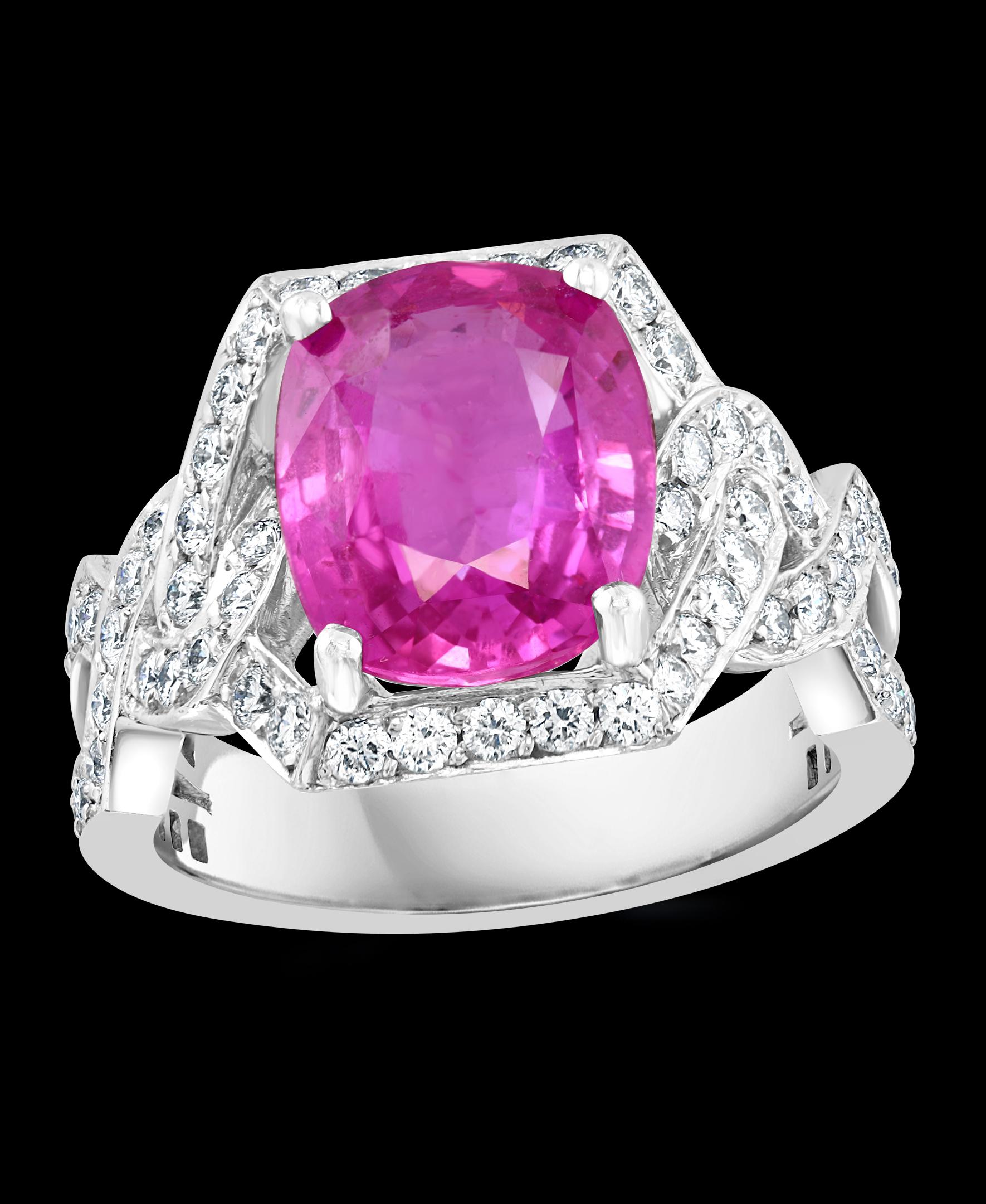 4.76 Ct Pink Cushion Sapphire & 1.2 Ct Diamond 18 Karat White Gold Ring, Estate For Sale 8