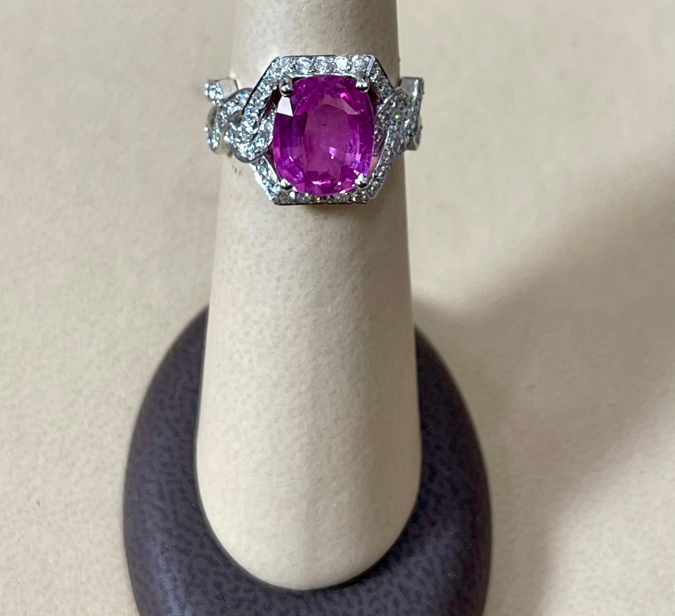 4.76 Ct Pink Cushion Sapphire & 1.2 Ct Diamond 18 Karat White Gold Ring, Estate In Excellent Condition For Sale In New York, NY