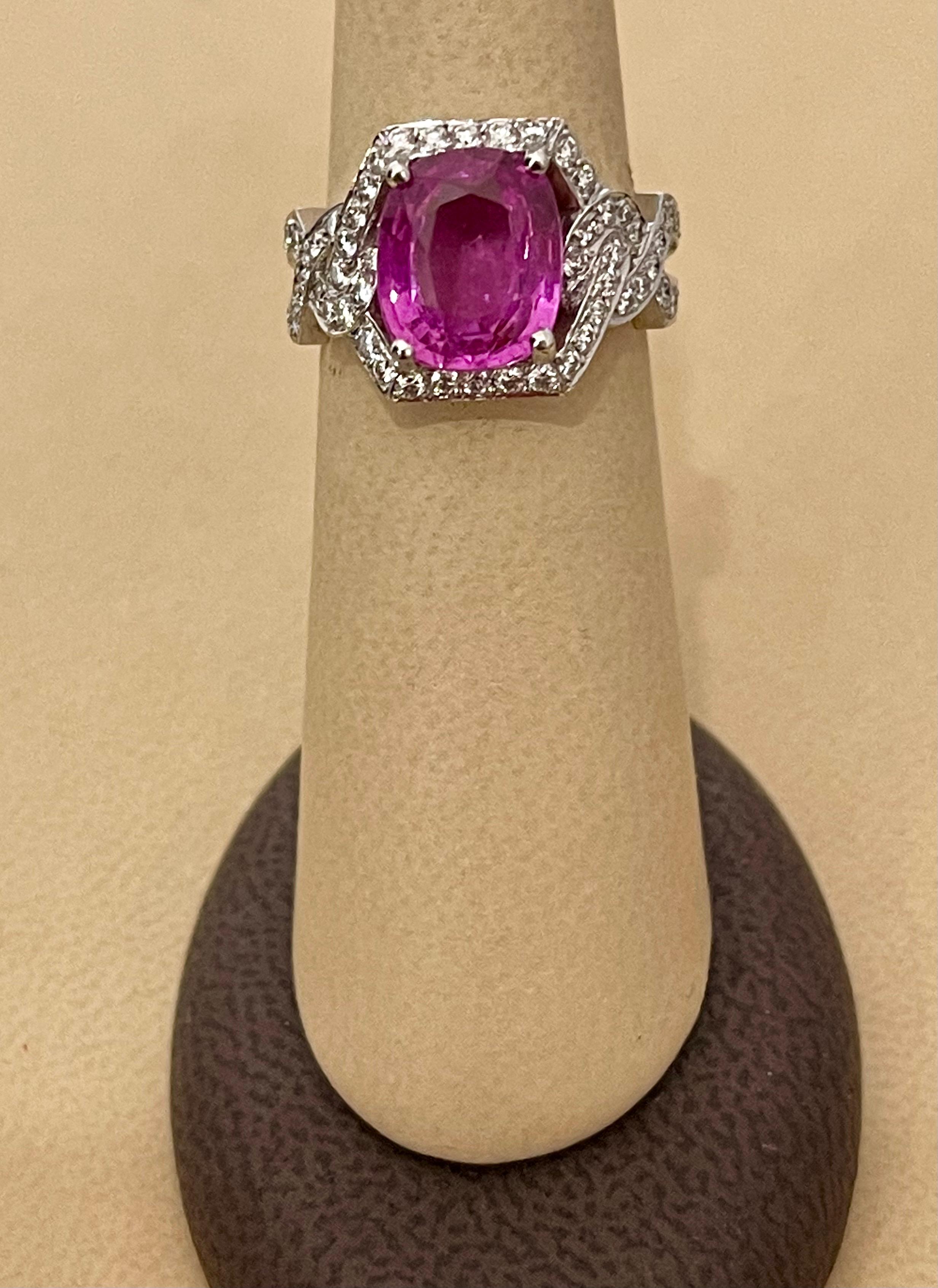 Women's 4.76 Ct Pink Cushion Sapphire & 1.2 Ct Diamond 18 Karat White Gold Ring, Estate For Sale