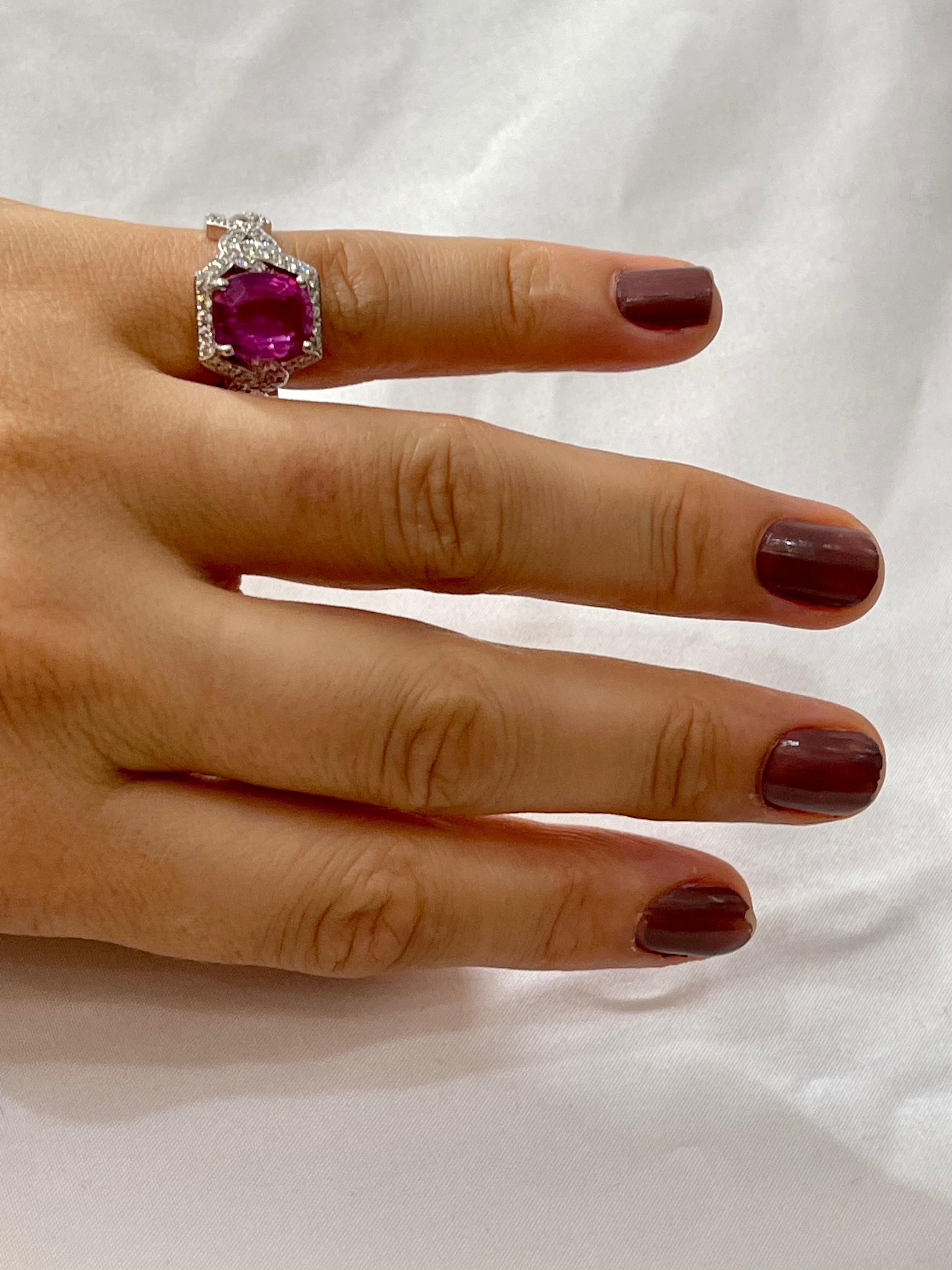 4.76 Ct Pink Cushion Sapphire & 1.2 Ct Diamond 18 Karat White Gold Ring, Estate For Sale 1