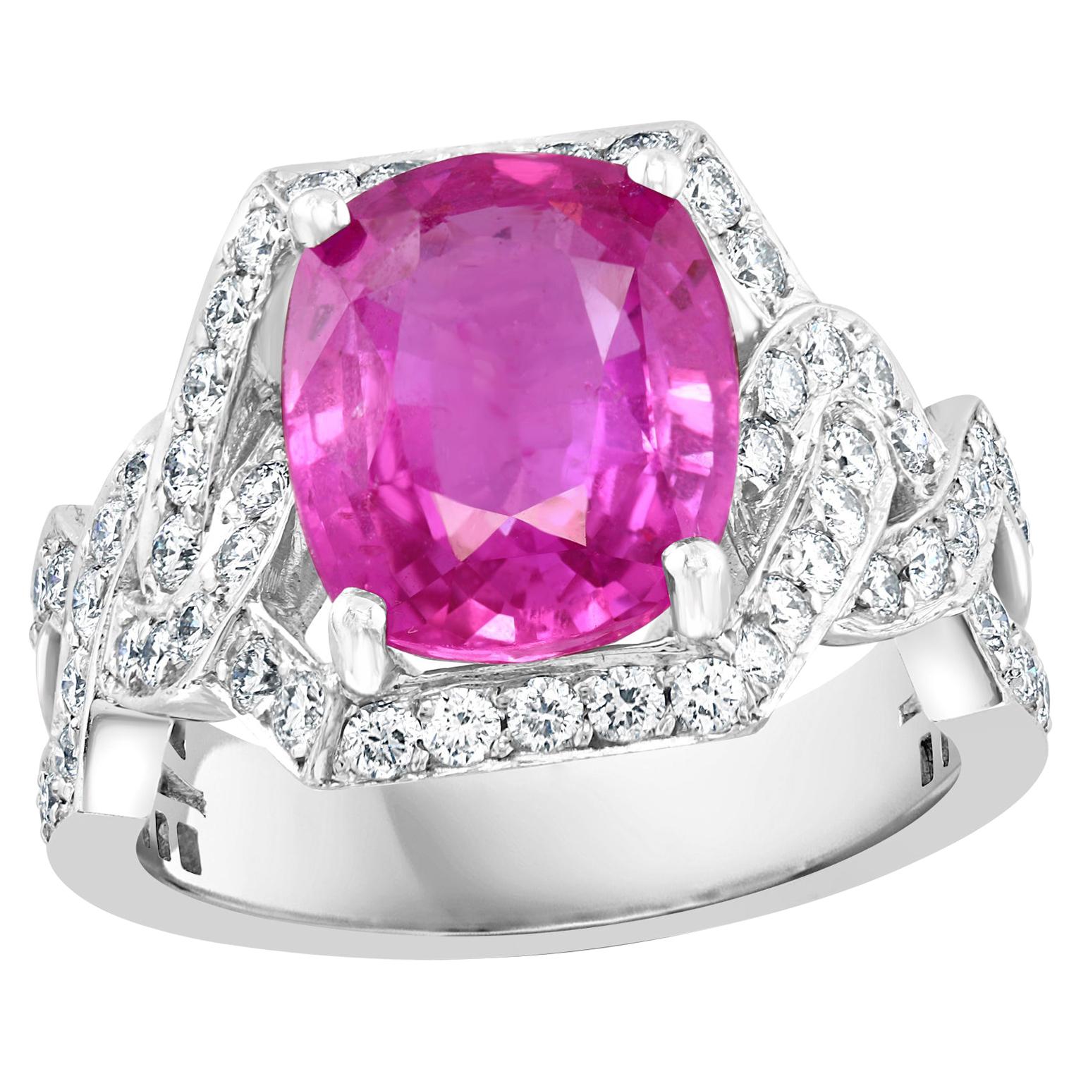 4.76 Ct Pink Cushion Sapphire & 1.2 Ct Diamond 18 Karat White Gold Ring, Estate For Sale