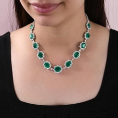47.61TCW Oval Emerald Diamond Halo Statement Choker Necklace 14k White Gold