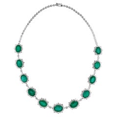 47.61TCW Oval Emerald Diamond Halo Statement Choker Necklace 18k White Gold