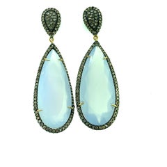 47.65 Ct Chalcedony 2.10 Ct Champagne Diamonds Sterling Silver 14K Gold Earring