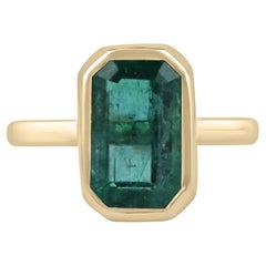 Used 4.76ct 14K Blue Green Natural Elongated Emerald Cut Emerald Solitaire Bezel Ring