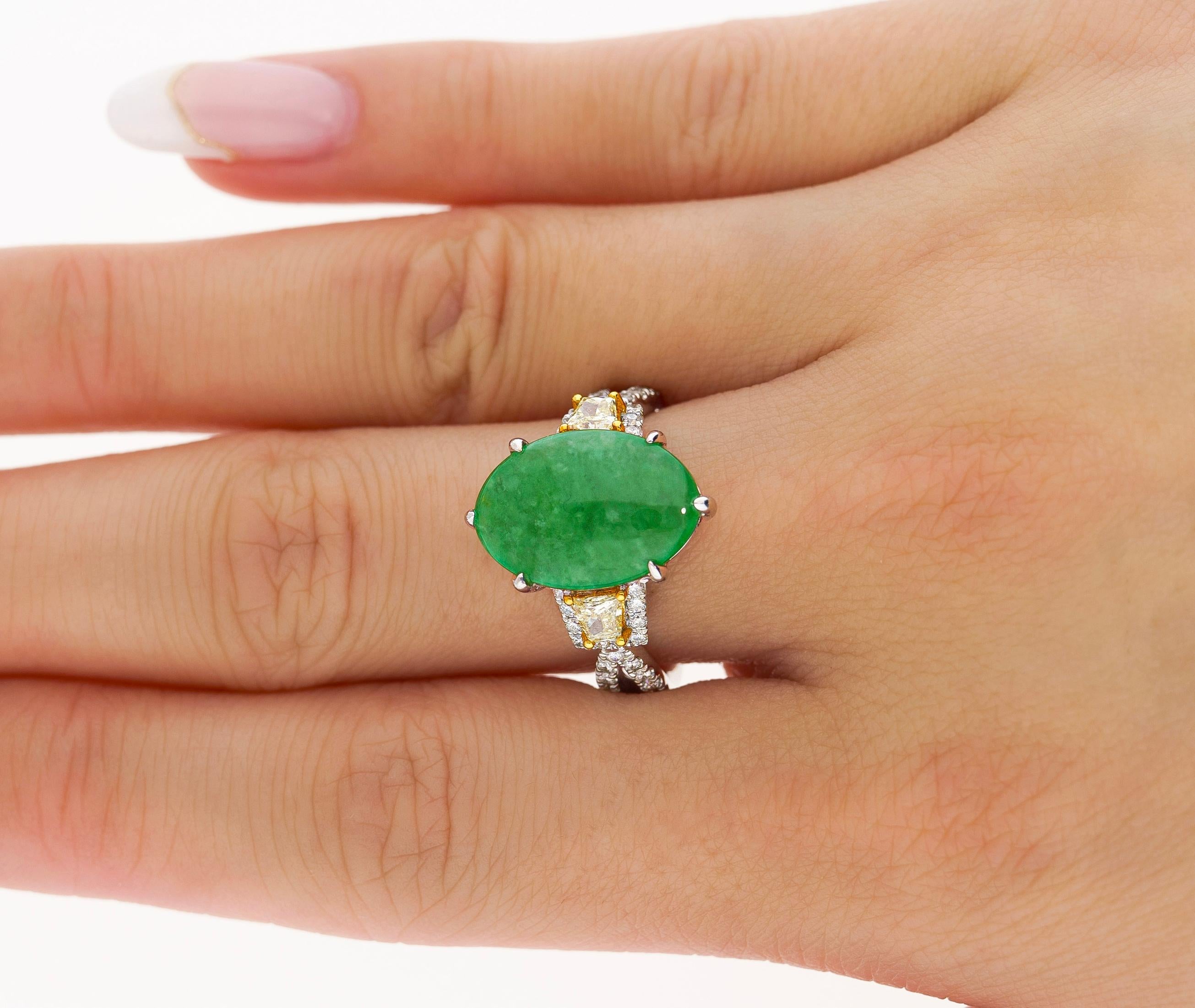 4.76CT Jadeite Jade with Trapezoid Cut Yellow Diamond Side Stone Ring in 18KW  For Sale 2