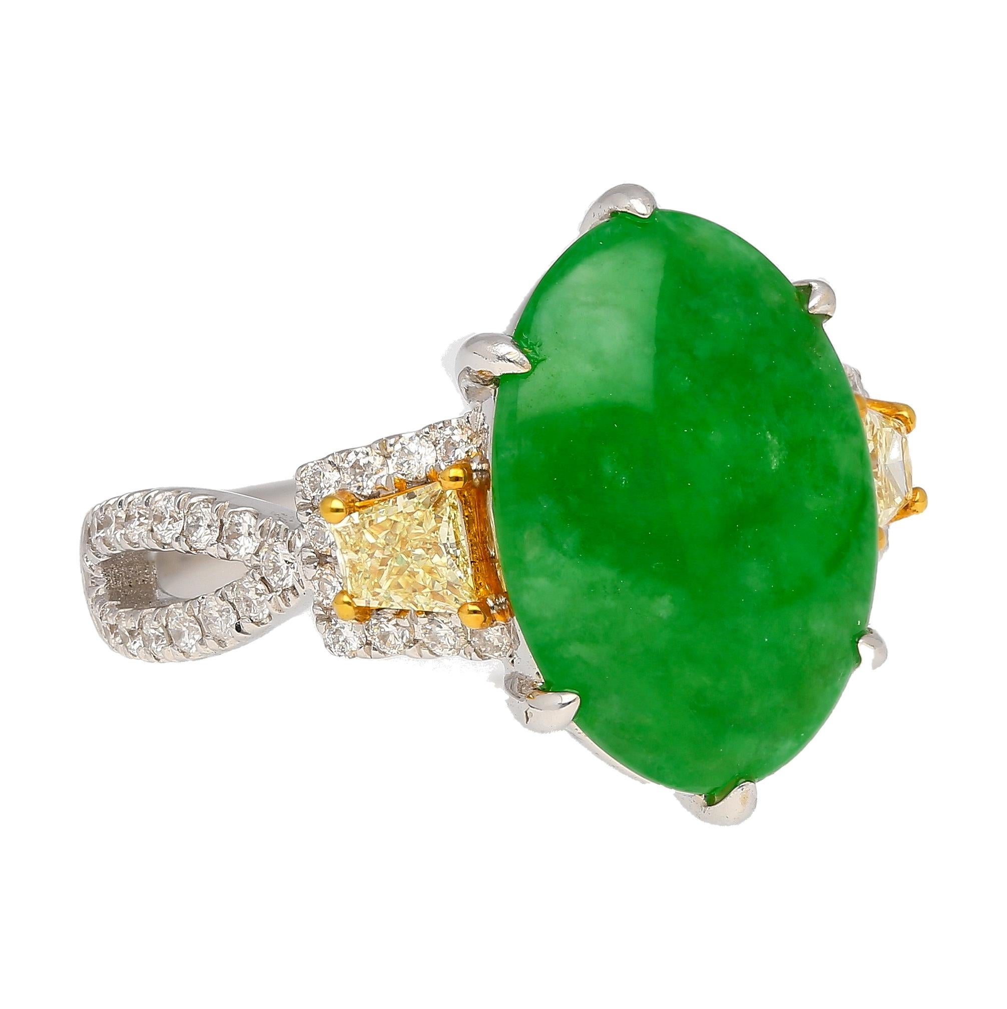 Art Deco 4.76CT Jadeite Jade with Trapezoid Cut Yellow Diamond Side Stone Ring in 18KW  For Sale