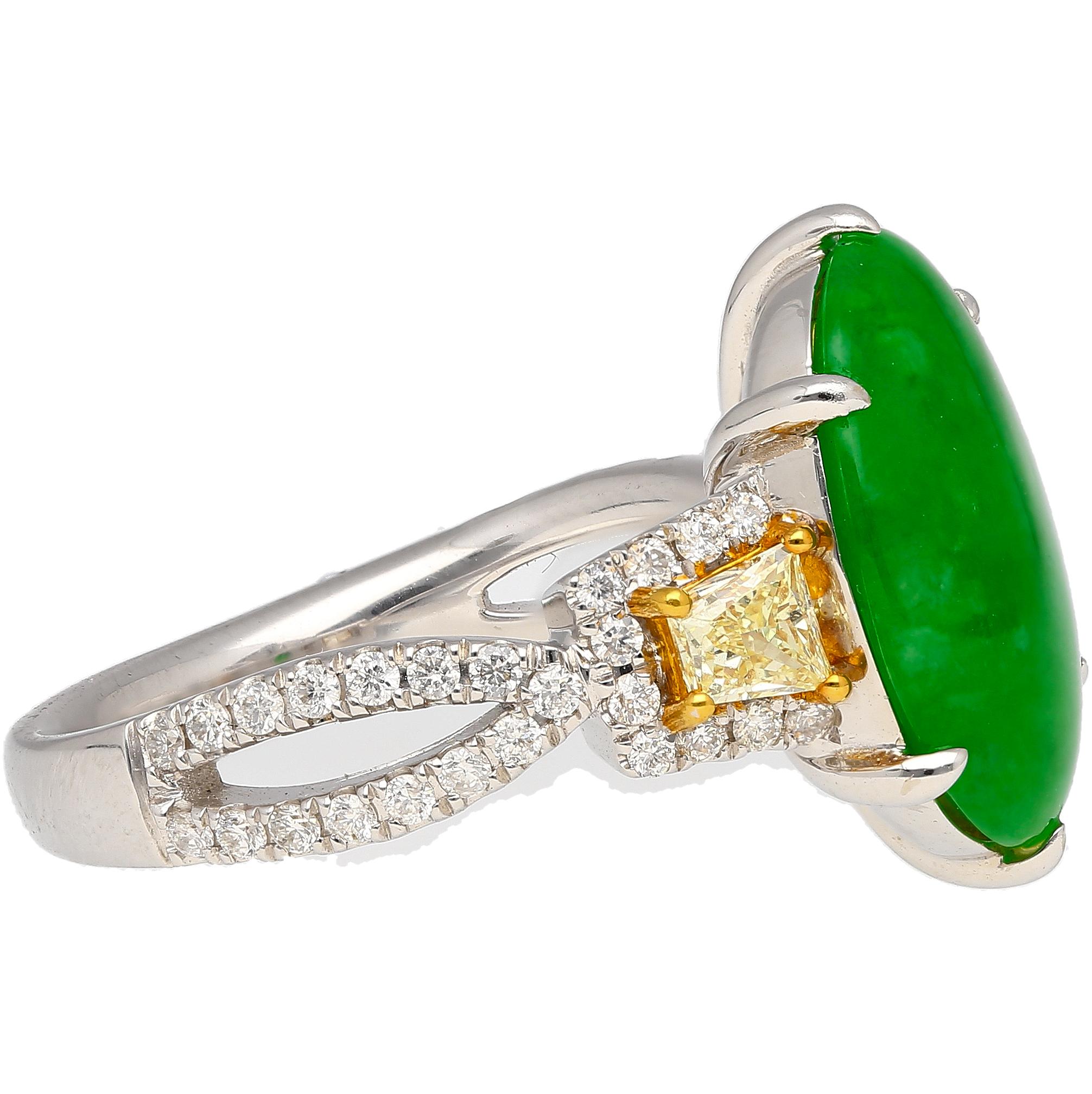 Women's 4.76CT Jadeite Jade with Trapezoid Cut Yellow Diamond Side Stone Ring in 18KW  For Sale