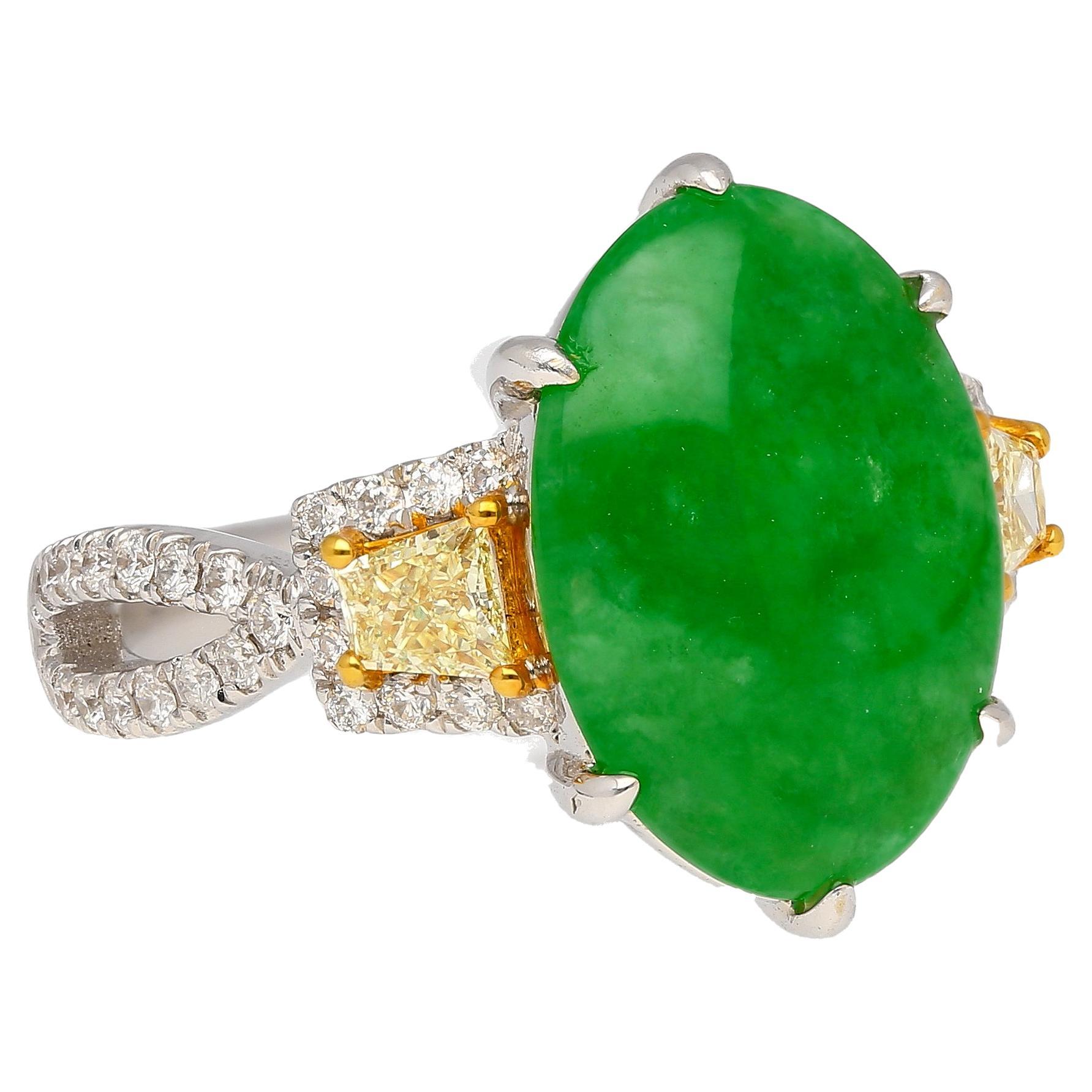 4.76CT Jadeite Jade with Trapezoid Cut Yellow Diamond Side Stone Ring in 18KW 