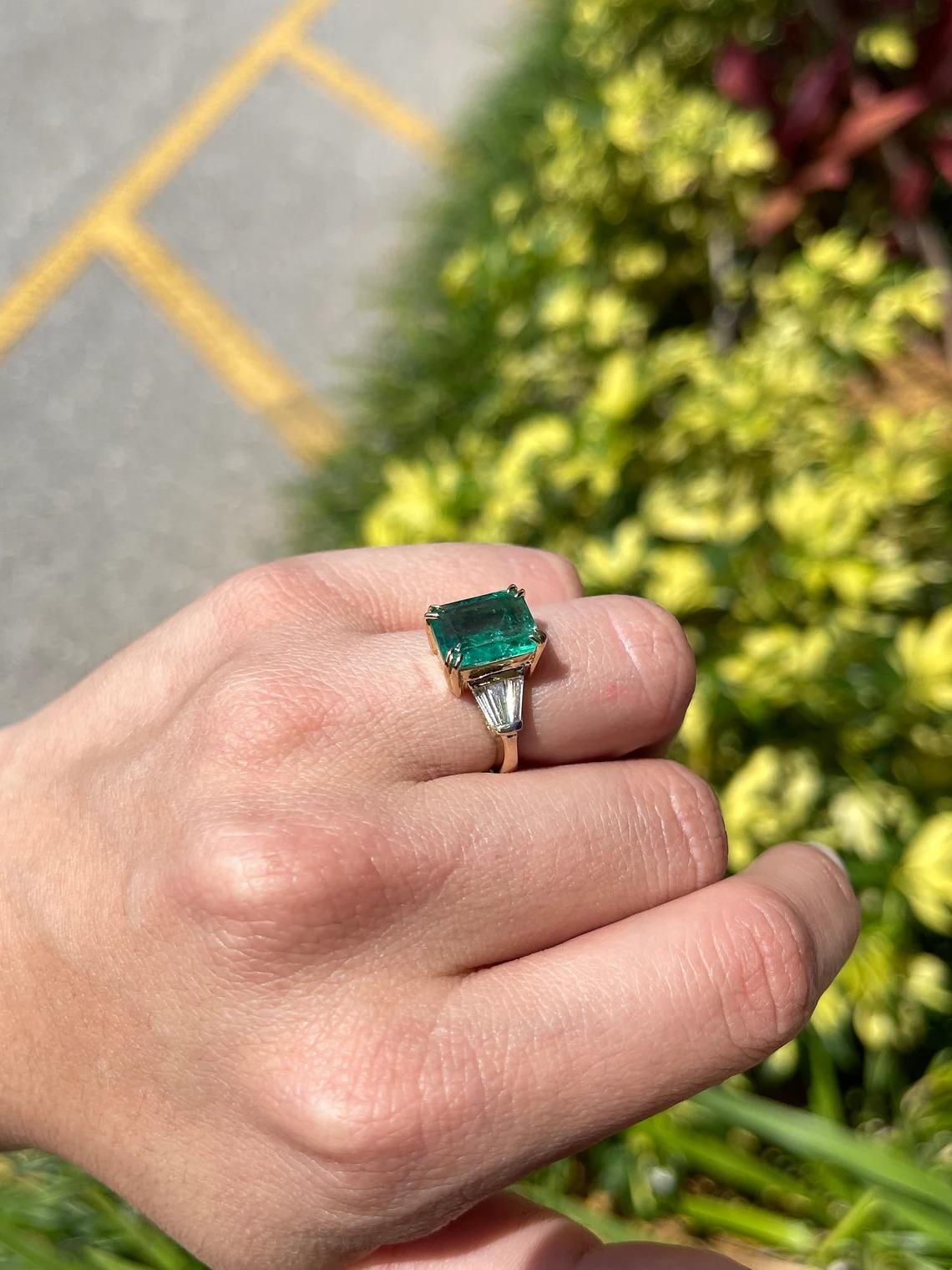 Emerald Cut 4.76tcw 18K Three Stone Diamond & Emerald Ring For Sale