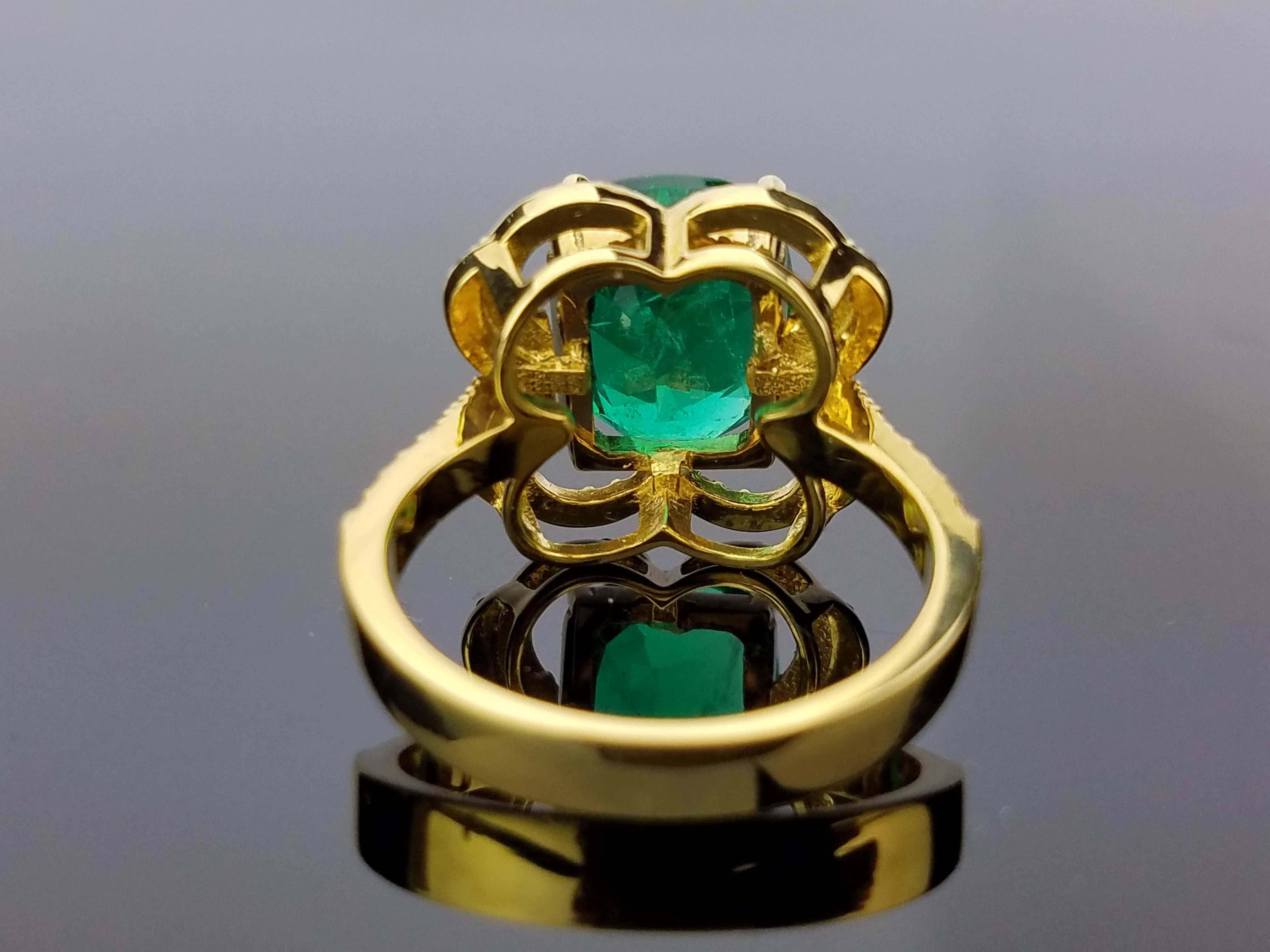 Art Deco 4.77 Carat Cushion Shaped Emerald and Diamond Cocktail Ring For Sale