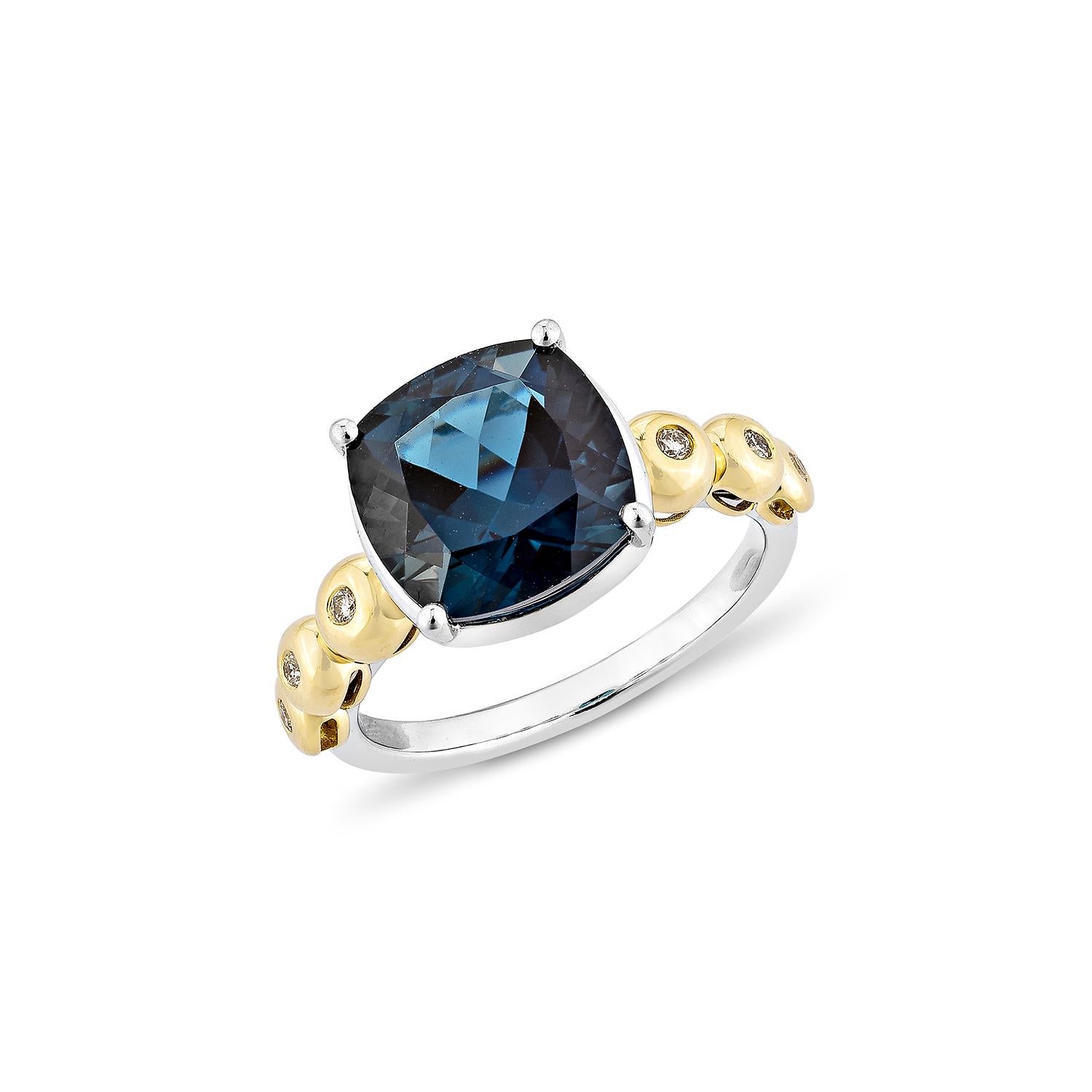 Contemporary 4.77 Carat London Blue Topaz Fancy Ring in 18KWYG with White Diamond. For Sale