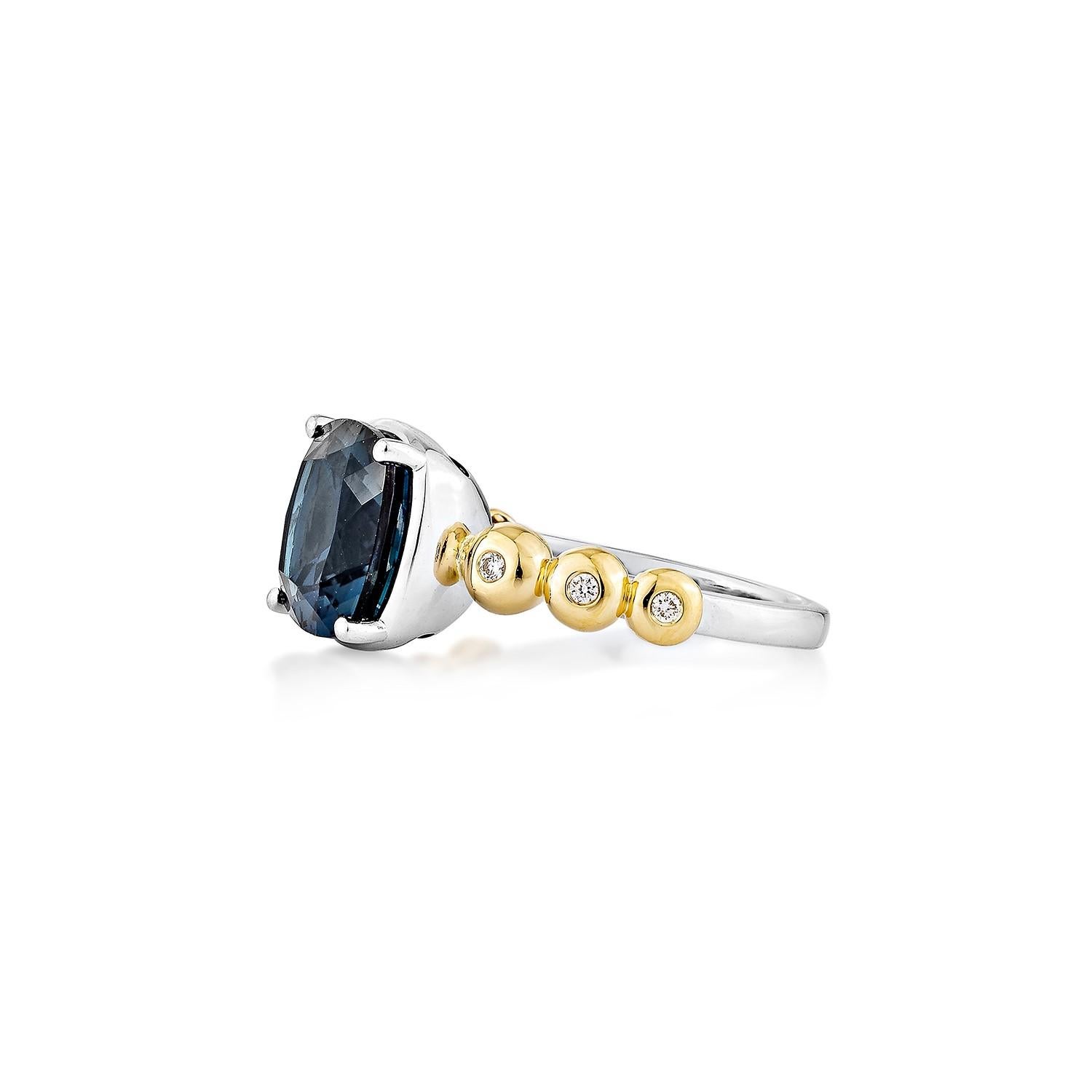 Cushion Cut 4.77 Carat London Blue Topaz Fancy Ring in 18KWYG with White Diamond. For Sale
