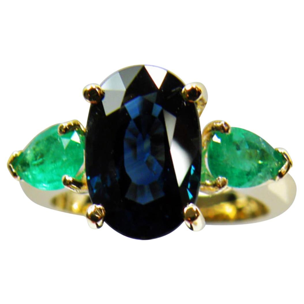 4.77 Carat Natural Cobalt Blue Sapphire & Colombian Emerald Engagement Ring 18K