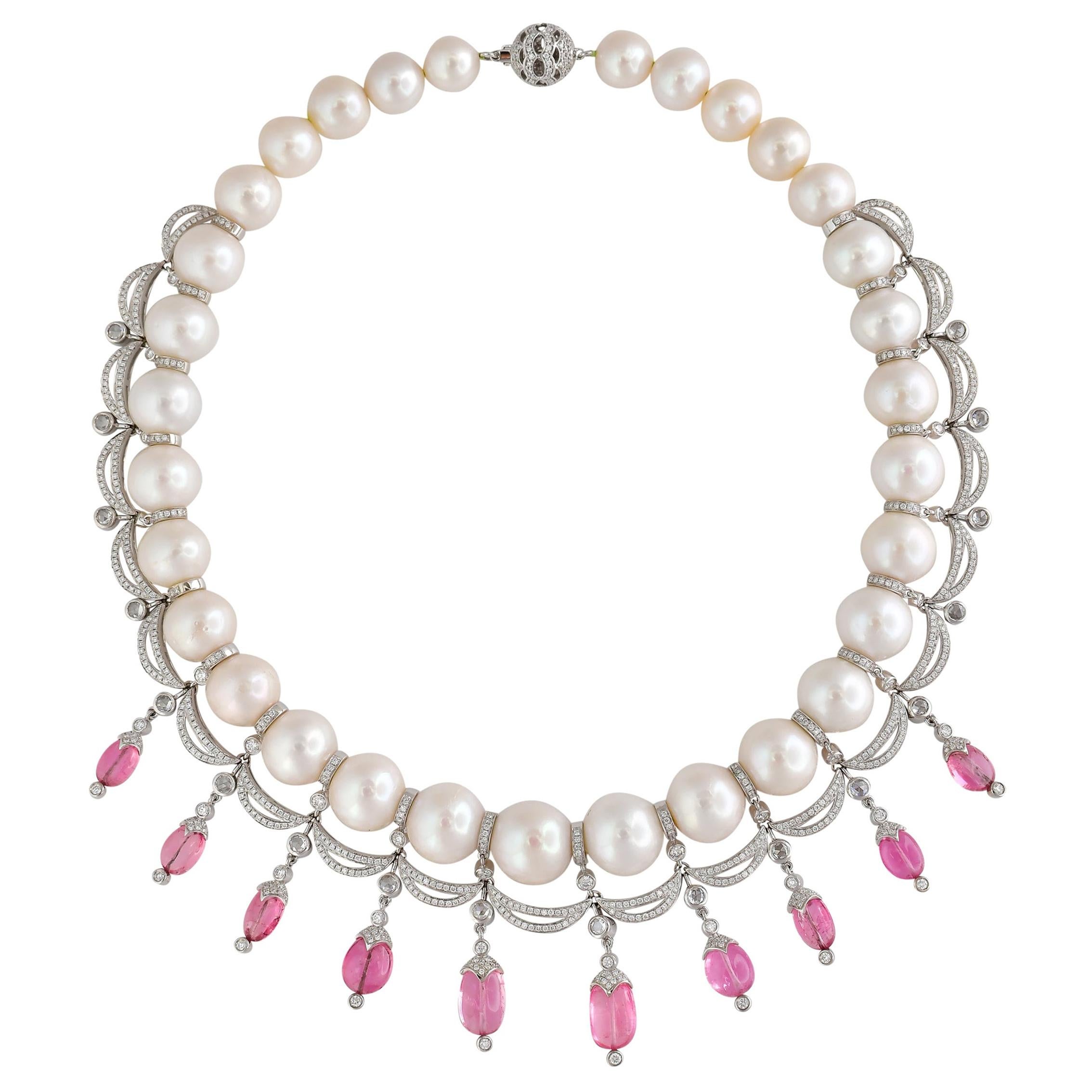 477 Carat Pearl Necklace in 18 Karat Gold with Diamonds and Pink Tourmaline For Sale