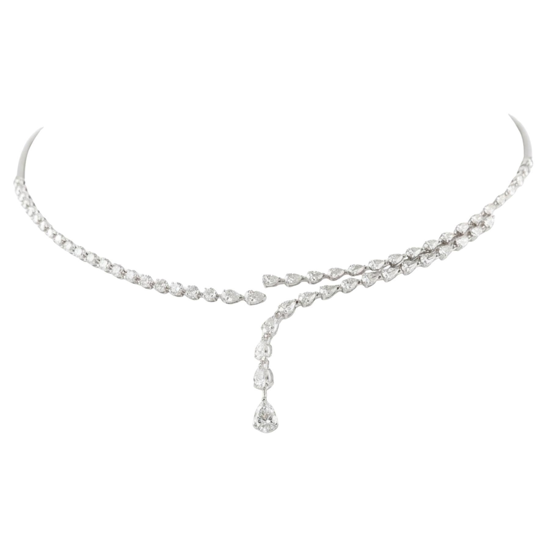 4.77 Ct Pear Natural Diamond Dual-Strand V-Drop 18K White Gold Choker Necklace