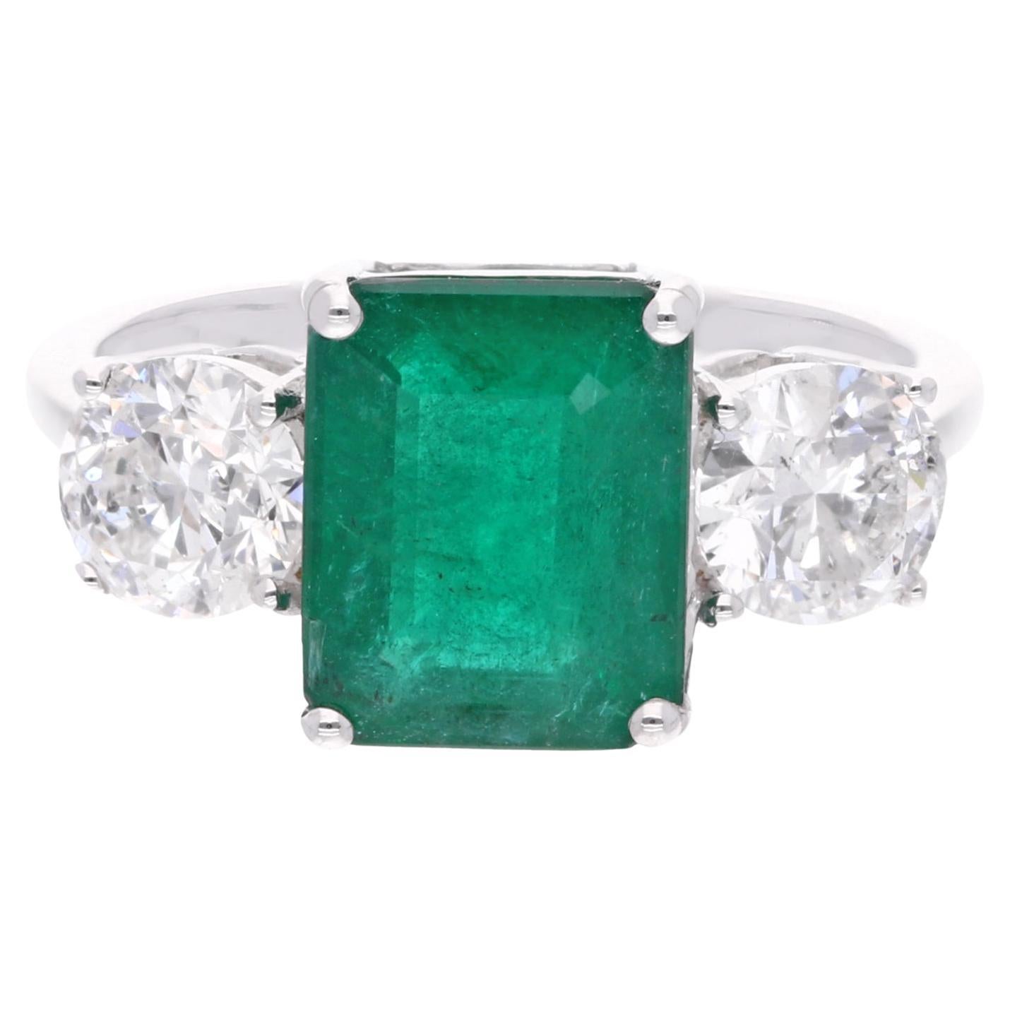 4.77 CTW Emerald Diamond Three Stone Engagement Ring 14 Karat White Gold