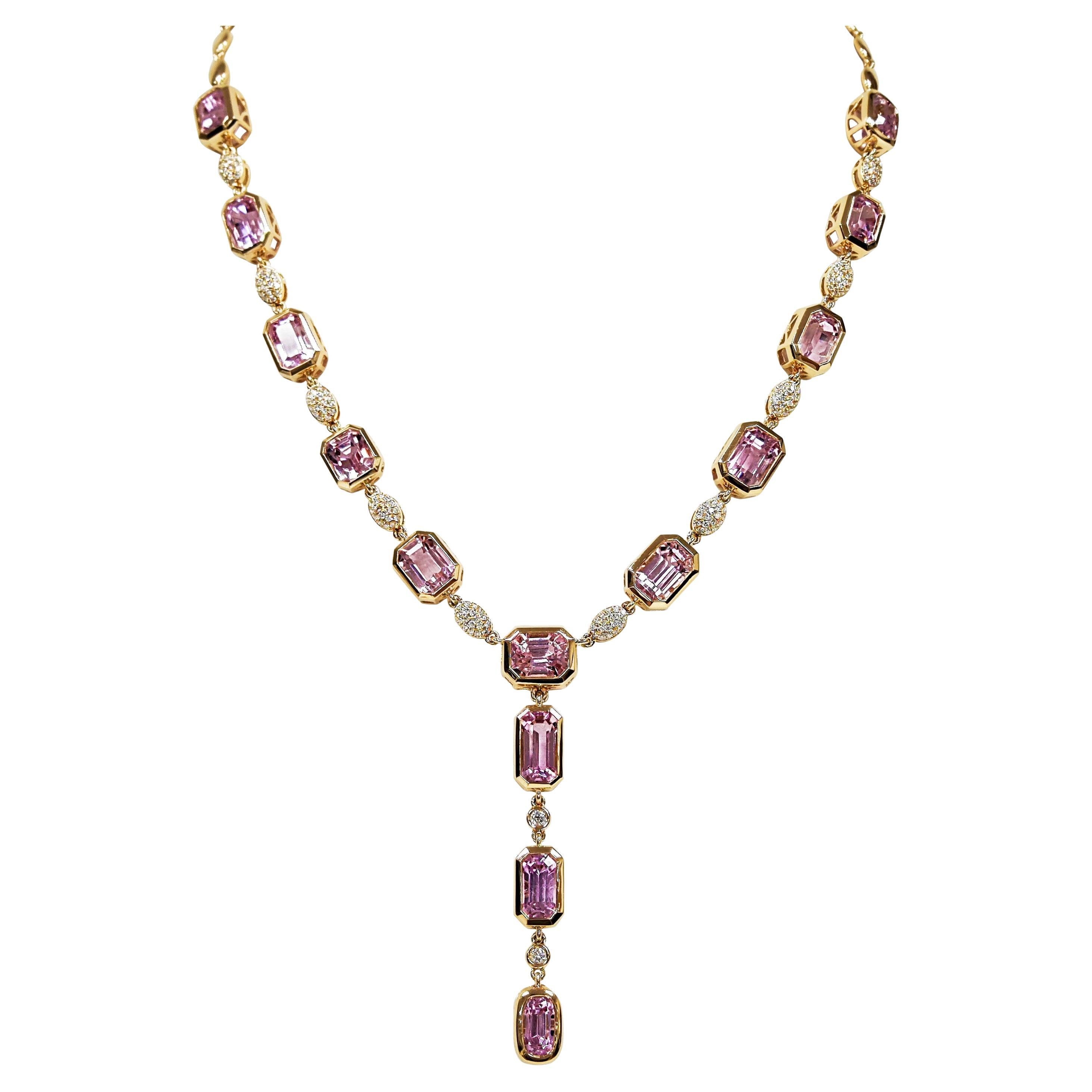 47.70 Carats Kunzite and Diamond Yellow Gold Necklace