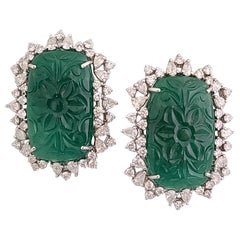 47.72 Carat Natural Emerald Carving Earrings/Studs with Diamond in 18 Karat Gold