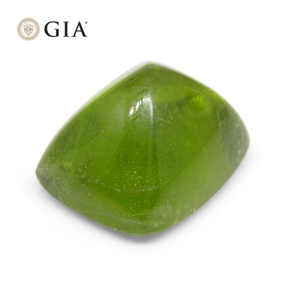 The GIA report reads as follows:

GIA Report Number: 2221341846
Shape: Cushion Sugarloaf Cabochon
Cutting Style:
Cutting Style: Crown:
Cutting Style: Pavilion:
Transparency: Transparent
Color: Yellowish Green

 

RESULTS
Species: