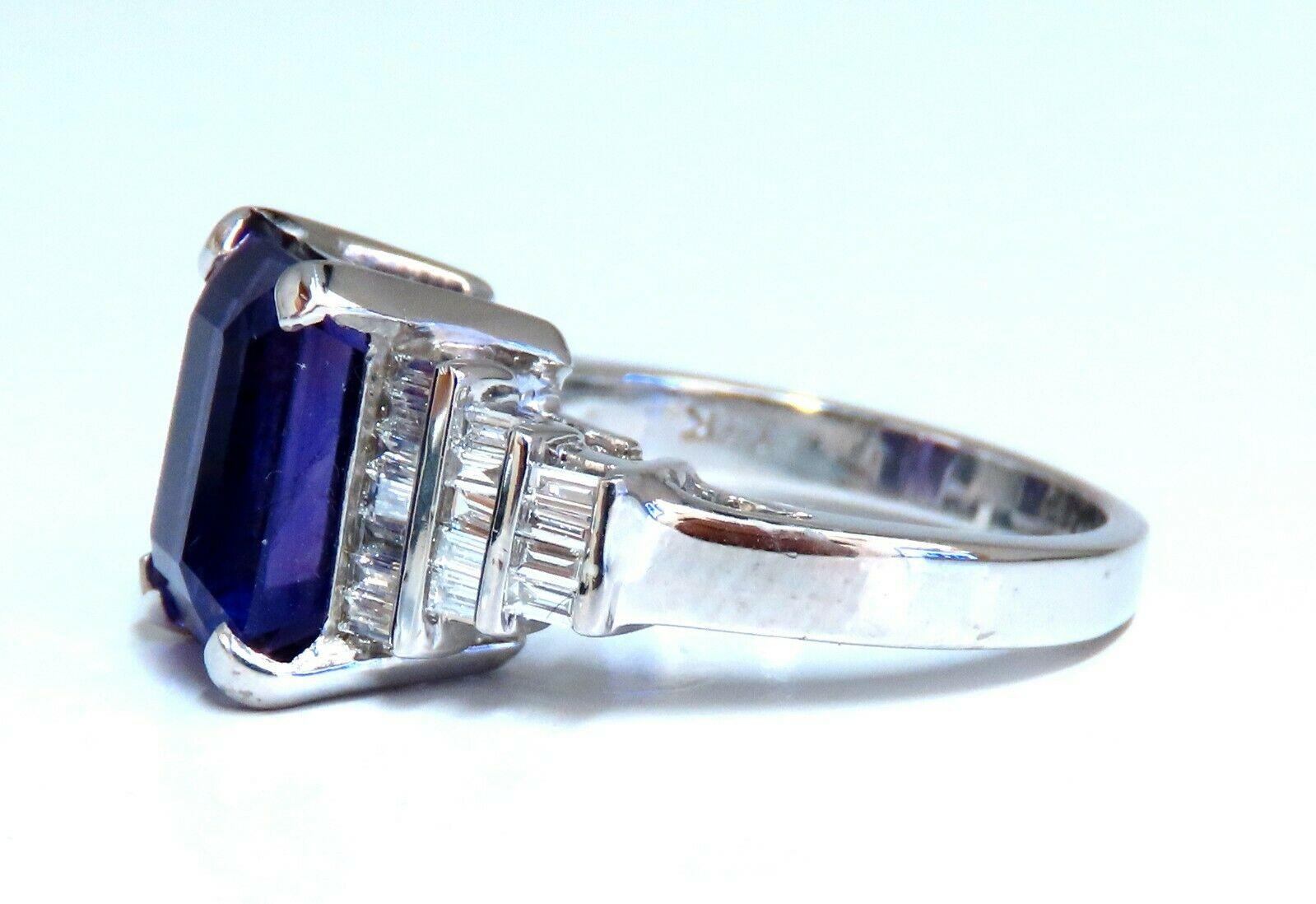 Mod Deco Amethyst Baguette diamonds ring.

4.77ct. Brilliant Natural Amethyst 
Emerald Brilliant cut

Beautiful purple sparkles throughout

11 x 8.8mm

Side natural Baguette diamonds total: .80ct.

 H color,  Si-1 clarity

Depth of ring: