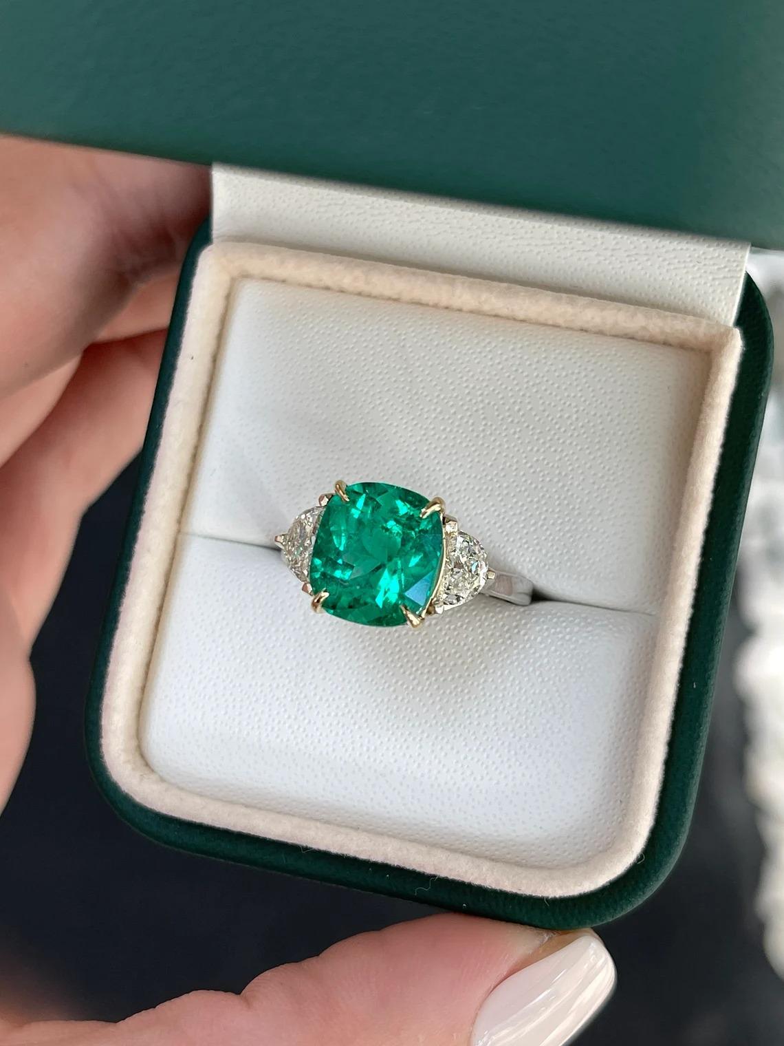 4.77tcw 18K AAA+ Colombian Cushion Cut Emerald & Half Moon Diamond 3 Stone Ring In New Condition For Sale In Jupiter, FL