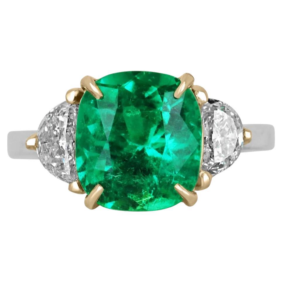 4.77tcw 18K AAA+ Colombian Cushion Cut Emerald & Half Moon Diamond 3 Stone Ring For Sale