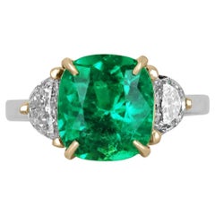 4.77tcw 18K AAA+ Colombian Cushion Cut Emerald & Half Moon Diamond 3 Stone Ring (bague à 3 pierres)