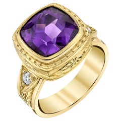 4.78 Carat Amethyst Square Cushion and 18k Yellow Gold Engraved Band Ring