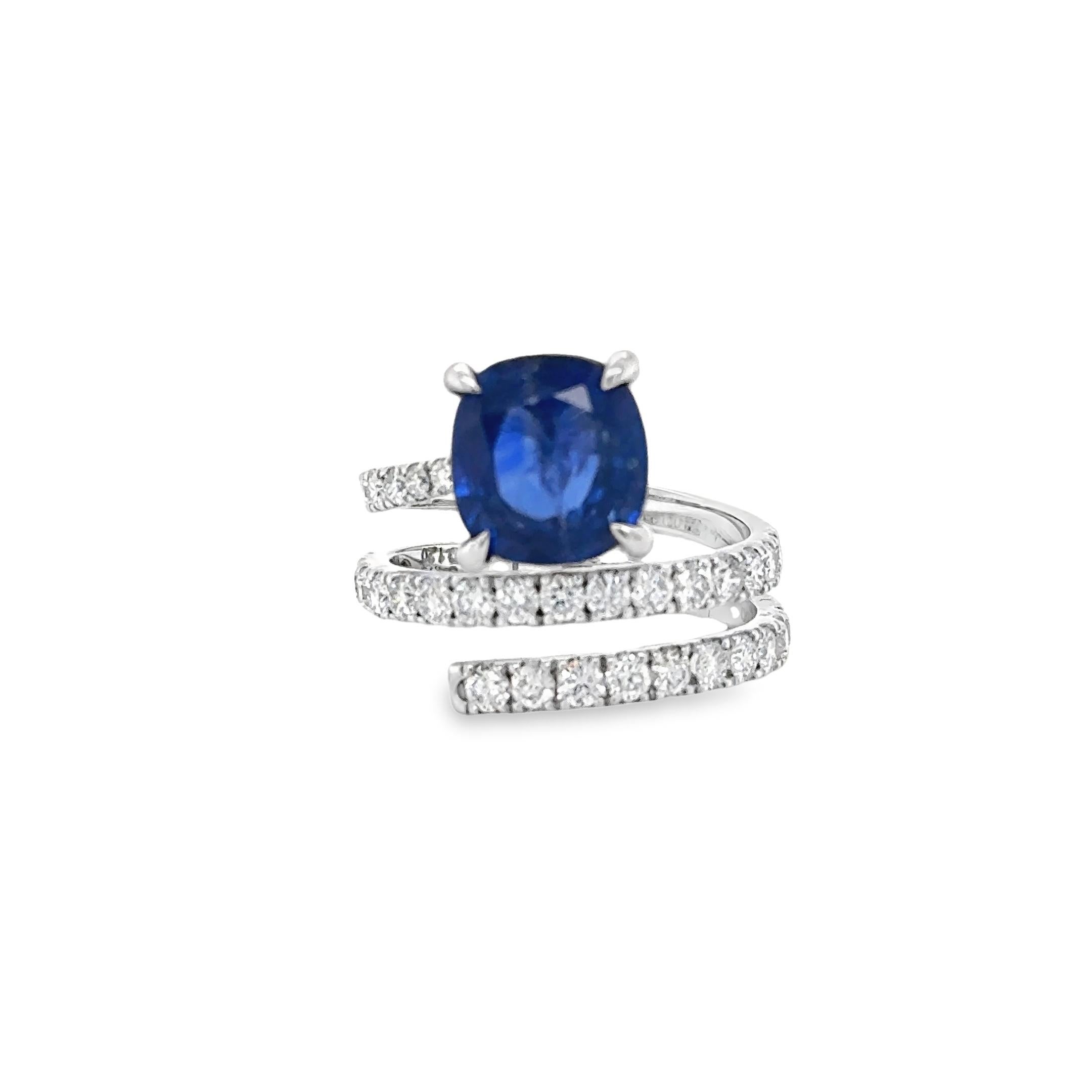 This Stunning Stacked Diamond and Blue Sapphire Ring is set with One Cushion mixed cut natural Sapphire and Thirty Six round brilliant cut natural Diamonds. 

DETAILS :

✦Centre : Natural Blue Sapphire : 4.78cts

✦ Origin : Sri Lanka (certified)

✦