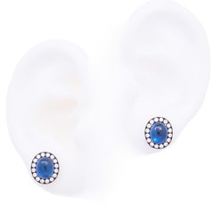 4.78 Carat Cabochon Blue Sapphire & Diamond Earrings, 18K White Gold, Austy Lee