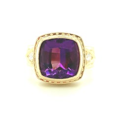 4.78 Carat Amethyst Square Cushion and 18k Yellow Gold Engraved Band Ring