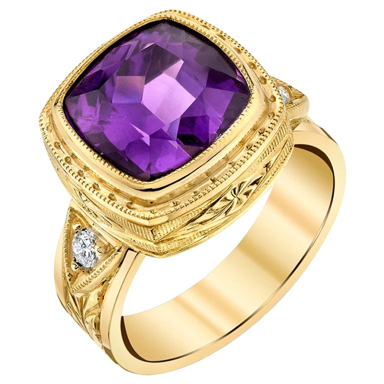 4.78 Carat Amethyst Square Cushion and 18k Yellow Gold Engraved Band Ring