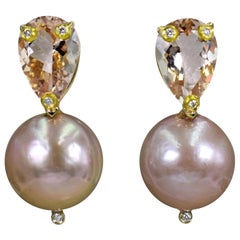 4.78 Carat Morganite, Diamond and Pink Pearl 14 Karat Gold Stud Earrings