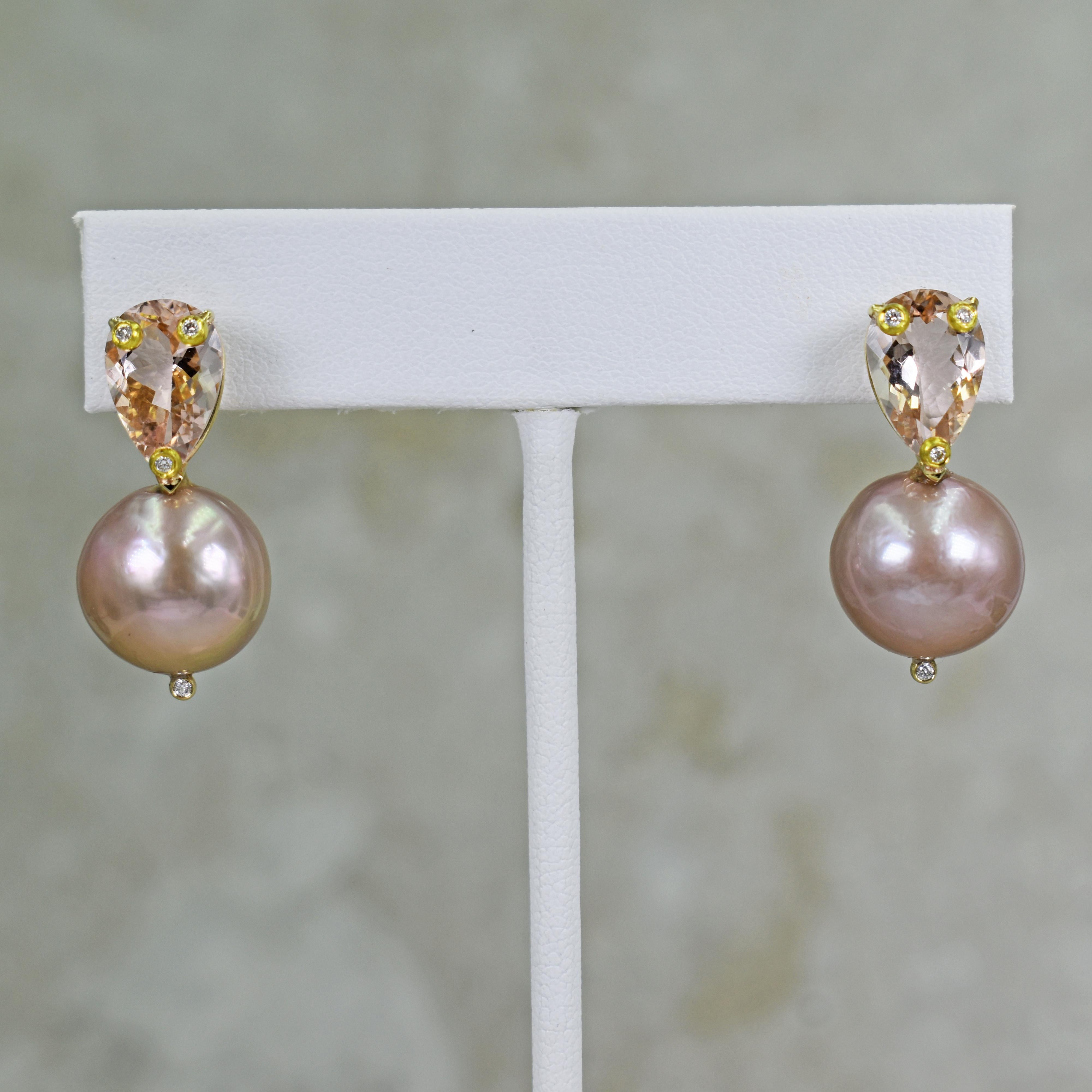 4.78 total carat pear shaped Morganite, accent Diamond and round, freshwater pink Pearl 14k yellow gold stud drop earrings. Stud earrings are 1.07 inches in length. 