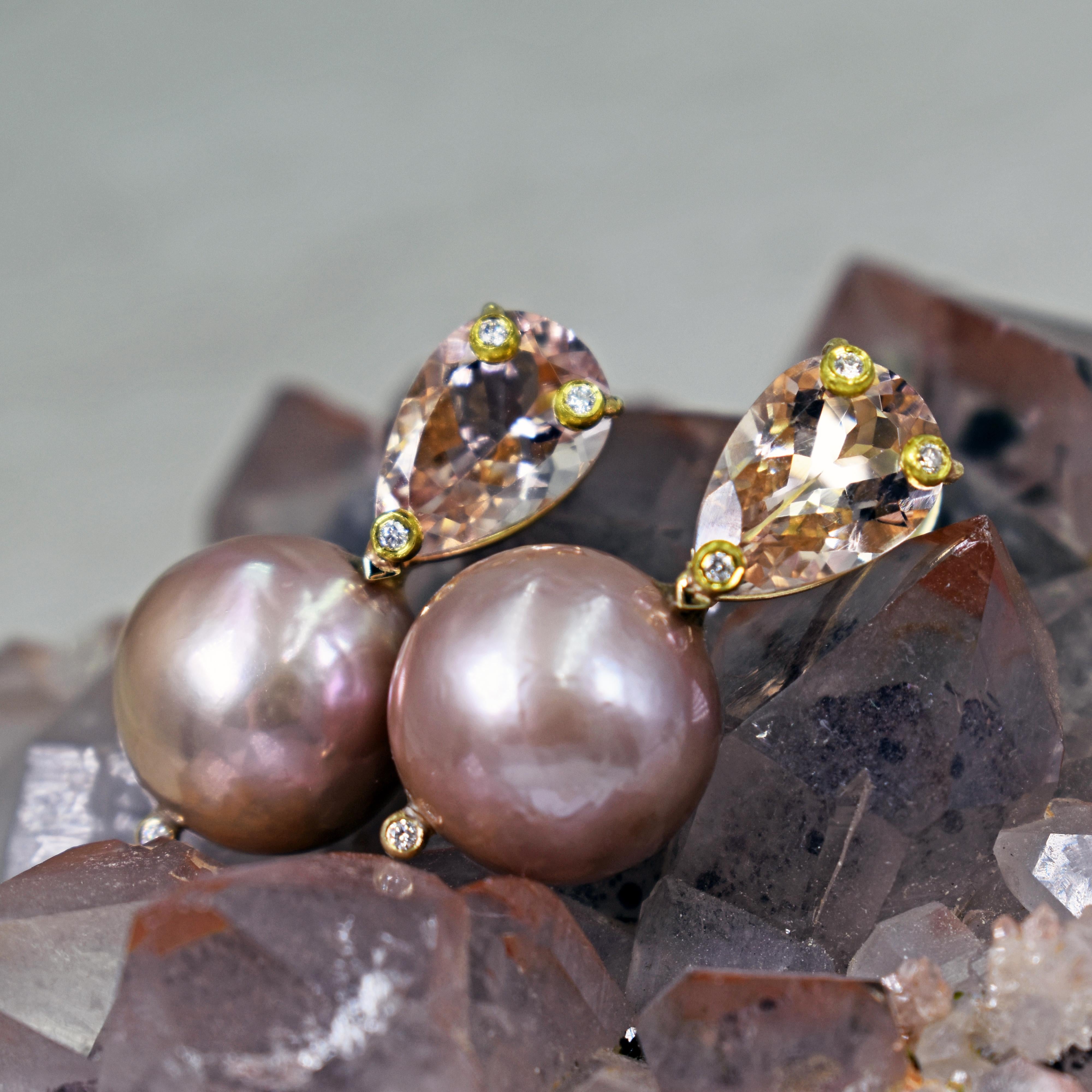 Pear Cut 4.78 Carat Morganite, Diamond and Pink Pearl 14 Karat Gold Stud Earrings For Sale