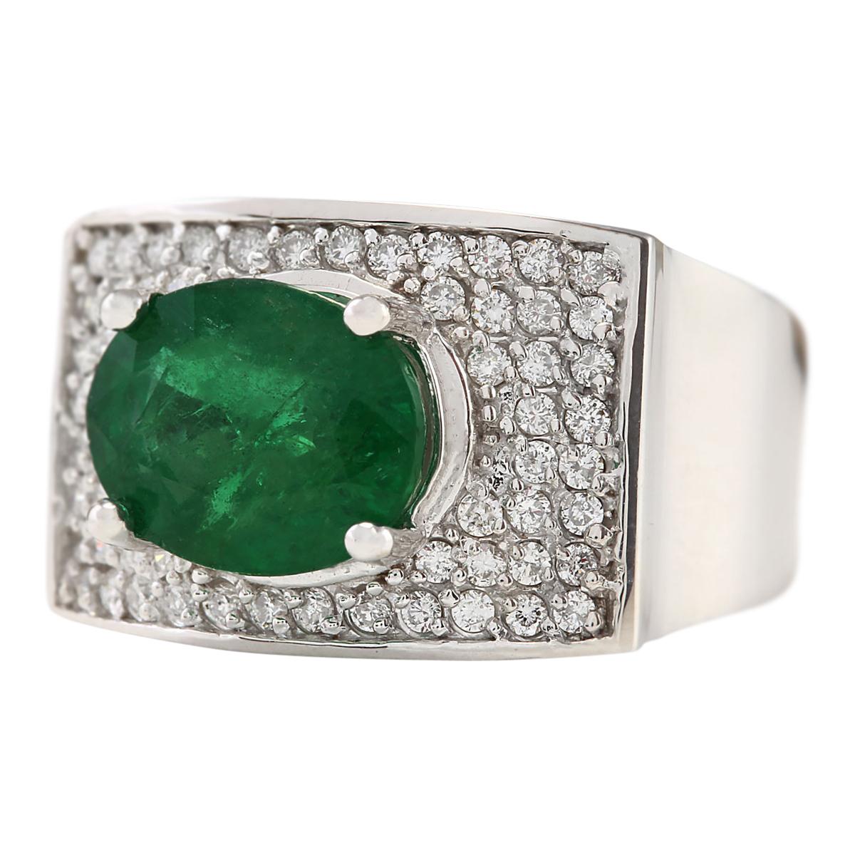 Stamped: 14K White Gold
Total Ring Weight: 10.0 Grams
Total Natural Emerald Weight is 4.08 Carat (Measures: 11.00x9.00 mm)
Color: Green
Total Natural Diamond Weight is 0.70 Carat
Color: F-G, Clarity: VS2-SI1
Face Measures: 13.70x19.95 mm
Sku: